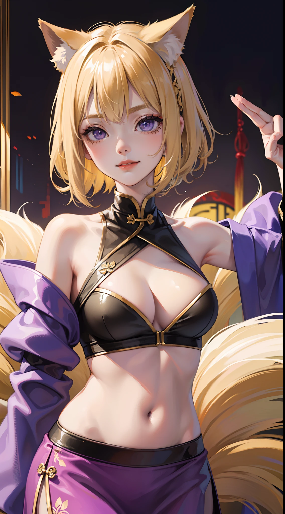 young girl, short blonde hair, Fox ears, violet eyes, long chinese skirt, Green Chinese tight top, open belly, smirk, Masterpiece, hiquality