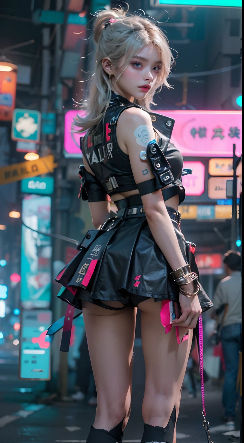 offcial art, Unity 8k wallpaper, Ultra detailed, Beautiful and aesthetic, Beautiful, Masterpiece, Best quality, 8K, Skin texture:1.4, tmasterpiece:1.4,Pose behind beauty，(Cyberpunk style Lolita costume in random colors)，(Focus on the knee)，The face is clear，