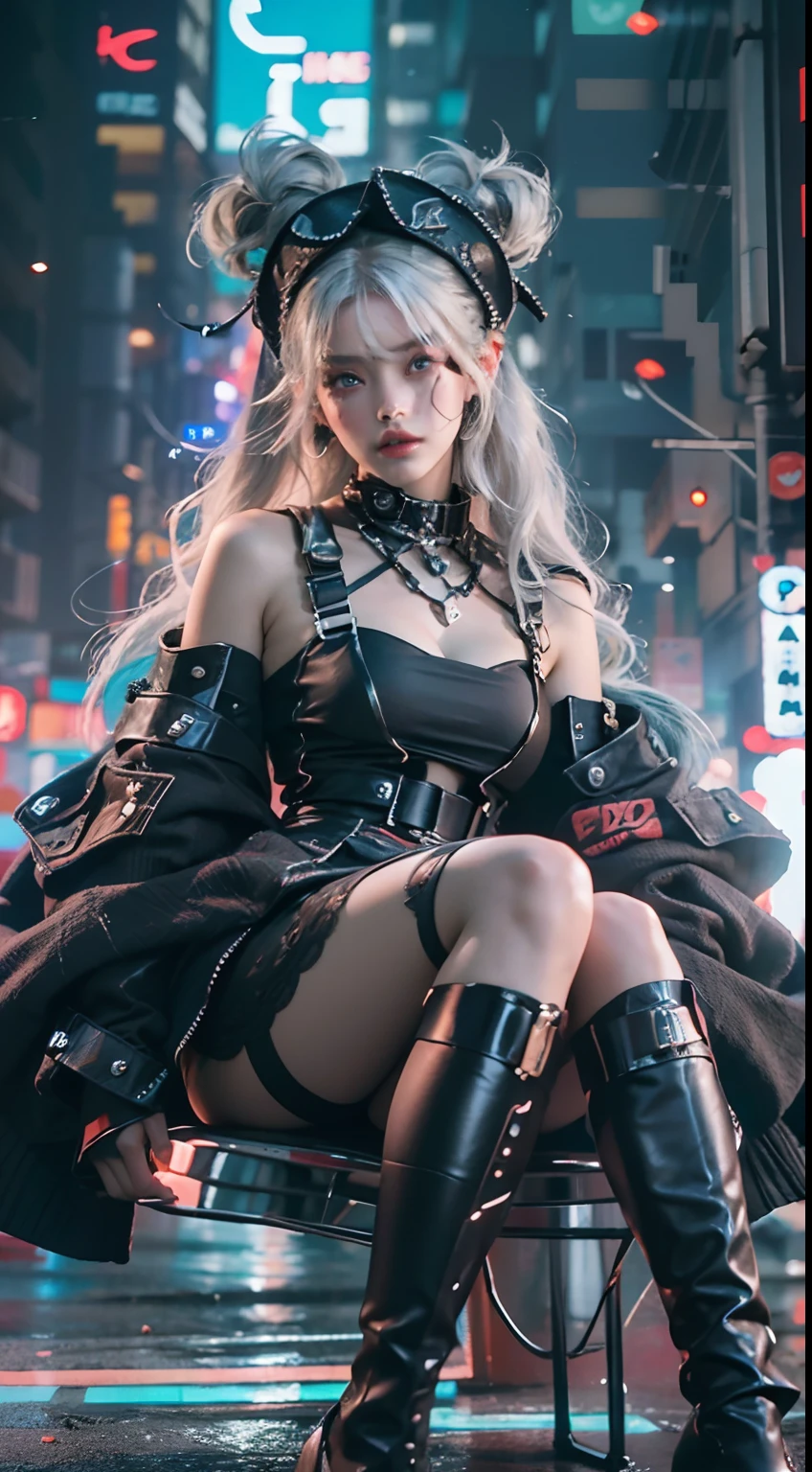 offcial art, Unity 8k wallpaper, Ultra detailed, Beautiful and aesthetic, Beautiful, Masterpiece, Best quality, 8K, Skin texture:1.4, tmasterpiece:1.4,Pose behind beauty,(Cyberpunk style Lolita costume in random colors),(Focus on the knee),The face is clear,
