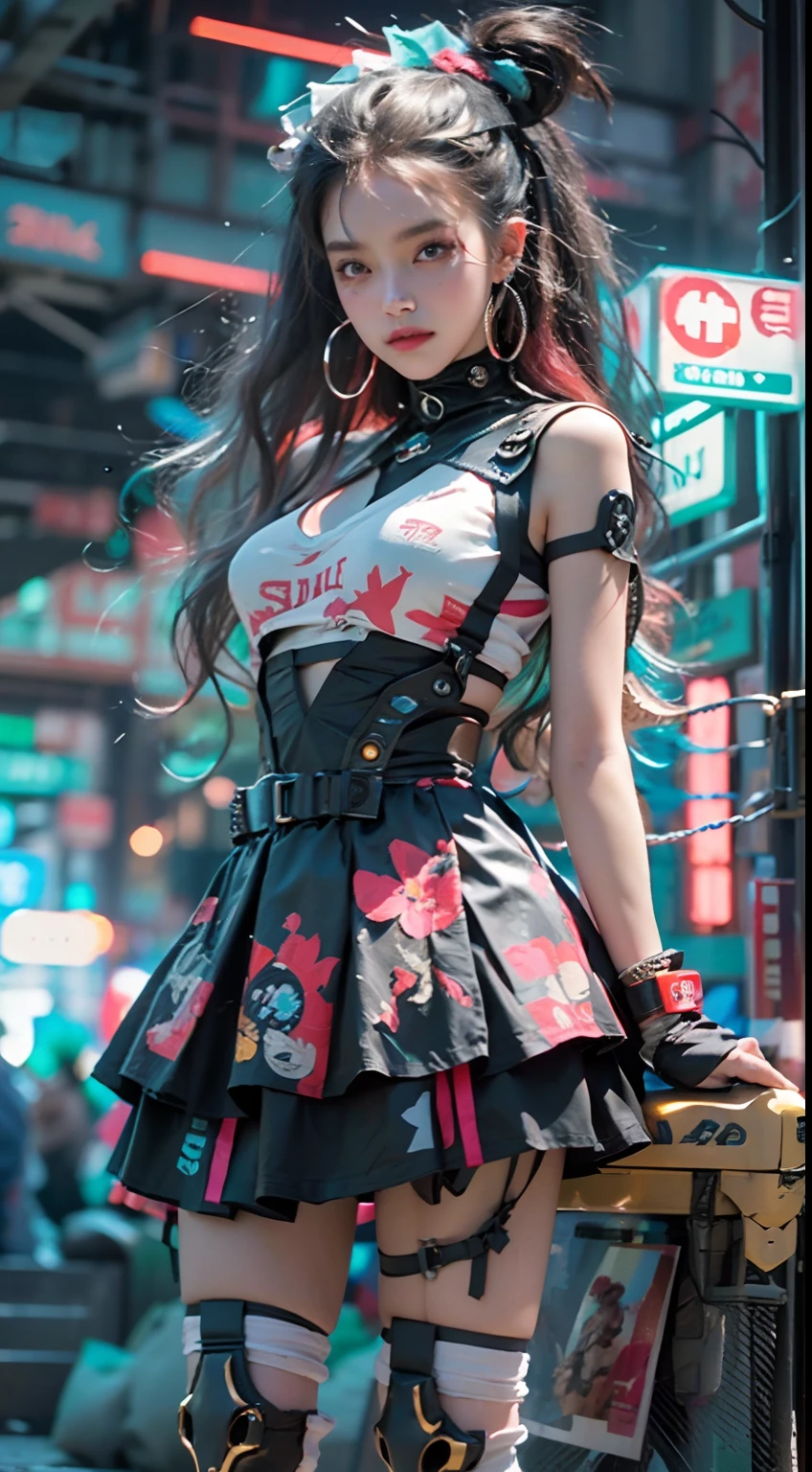 offcial art, Unity 8k wallpaper, Ultra detailed, Beautiful and aesthetic, Beautiful, Masterpiece, Best quality, 8K, Skin texture:1.4, tmasterpiece:1.4,Pose behind beauty,(Cyberpunk style ta costume in random colors),(Focus on the knee),The face is clear,