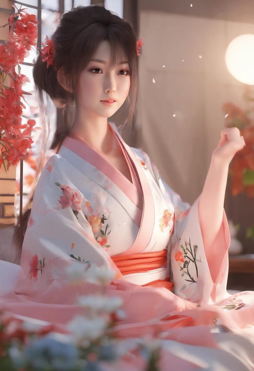 A long-haired Japanese woman in a kimono lies on a bed,legs are open, in a kimono,komono,spread their legs,Vaginal thrust by,liquids,perspire,Leaking out of the chest,boobgasm,There is a large amount of white viscous liquid outside the body,