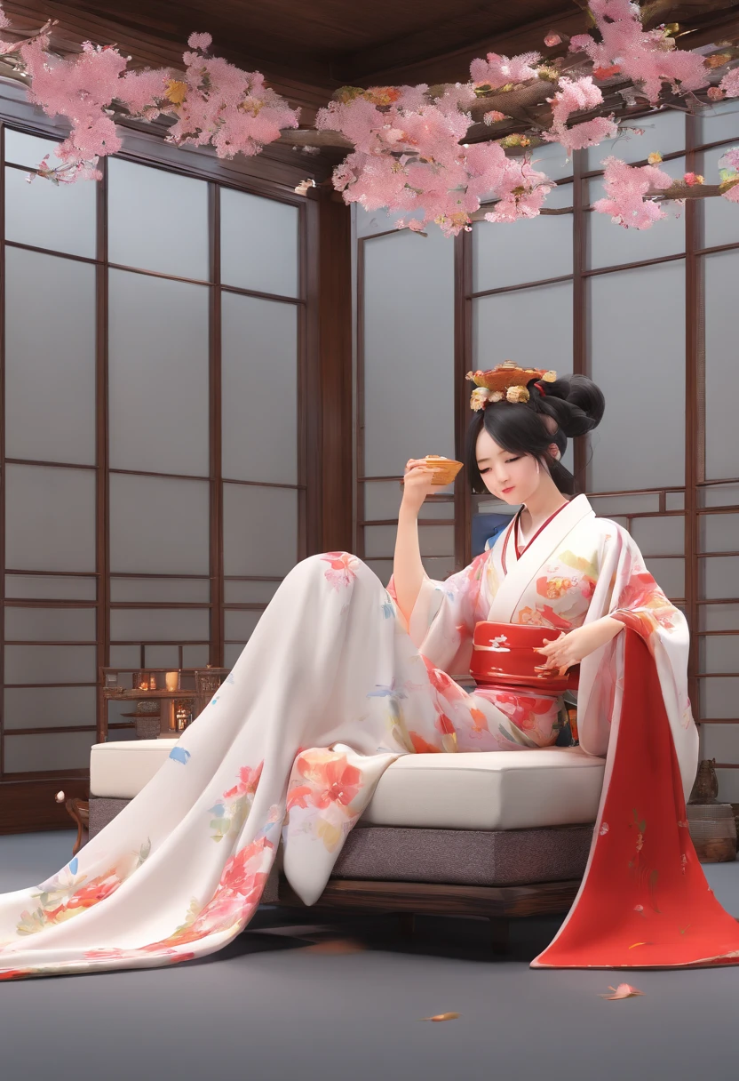A long-haired Japanese woman in a kimono lies on a bed，legs are open, in a kimono,komono,spread their legs，Vaginal thrust by，liquids，perspire，Leaking out of the chest，boobgasm，There is a large amount of white viscous liquid outside the body，