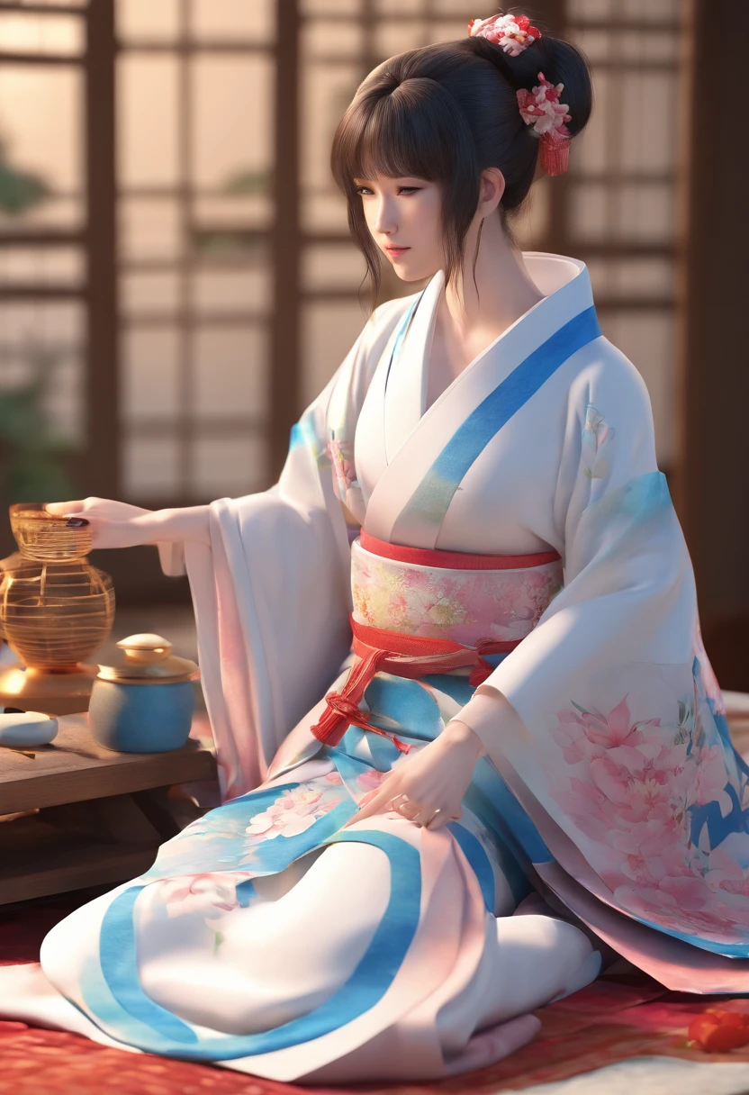A long-haired Japanese woman in a kimono lies on a bed,legs are open, in a kimono,komono,spread their legs,Vaginal thrust by,liquids,perspire,Leaking out of the chest,boobgasm,There is a large amount of white viscous liquid outside the body,