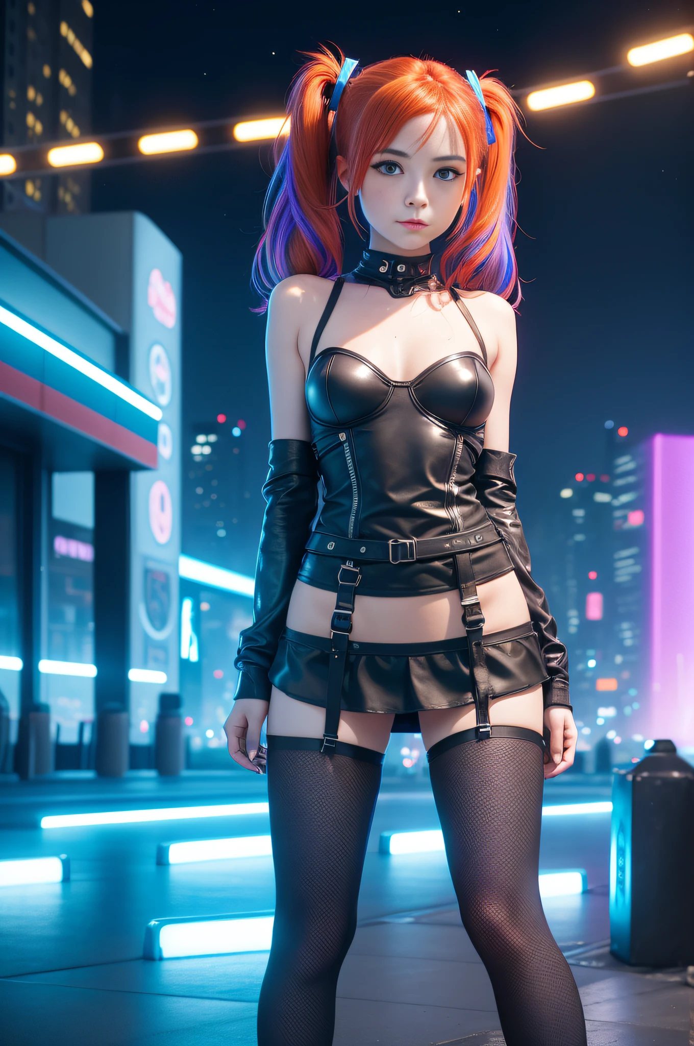 1 girl, solo, (nsfw), cute redhead 18-year-old girl in twin tails, ((perfect female body)), (cute face make up), multiple (rainbow colored hair: 1.2), (beautiful detailed blue eyes: 1.6), (photo realistic eyes: 1.6), happy, Ukrainian, (petite body), ((small hips)), pale white skin, (mini skirt and tube top), (matte pantyhose: 1.6), (("TRON LEGACY city" style background)), (night time:1.2), photo realistic.