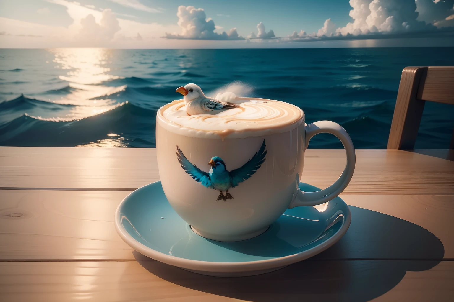 (bird of latte art:1.2), a mug cup with a sea atmosphere, cloud atmosphere plate, hyper real, photorealism, cinematic still and lighting, dynamic angle,