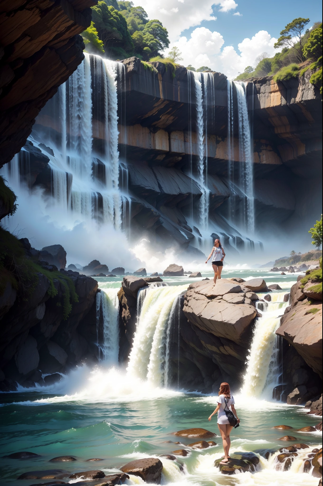 Obra prima , ultra qualidade, cinematic lighthing, mulher linda, ruiva , olhos azuis, sardas no rosto , vestida com camiseta branca comprida, muito detalhado, corpo inteiro , tudo detalhado, cabelos molhados ao vento , dentro de Rio , cachoeira ao fundo, amanhecendo , tudo detalhada ao fundo , 8k