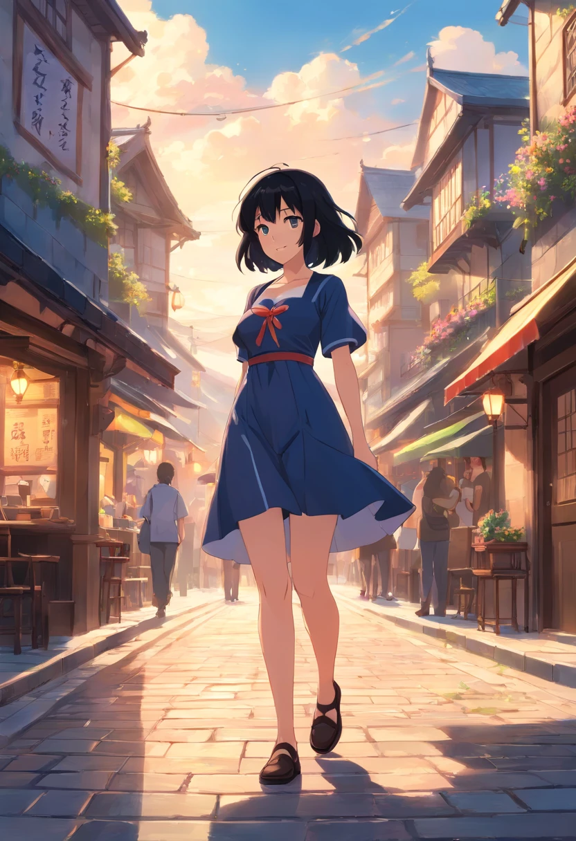 With the best image quality、 girl standing alone outdoors。In high resolution、Beautiful fine details、tranquil atmosphere。((Black Hair Bob Hair))、Cute smile。(((breasts are large)))、I don't have anything in my hands、realistic hand、Medieval European national costume with short sleeves、Medieval European Streets、Leather shoes。