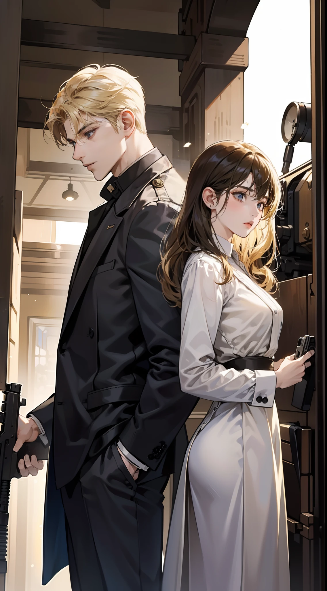 Masterpiece, best quality, 1 boy and 1 girl, short blonde hair, long wavy black bang hair, (Partner in crime), boy is very tall, 25 year old, girl is brunette, mafia, (has a machine gun), back to back, detailed, 4K