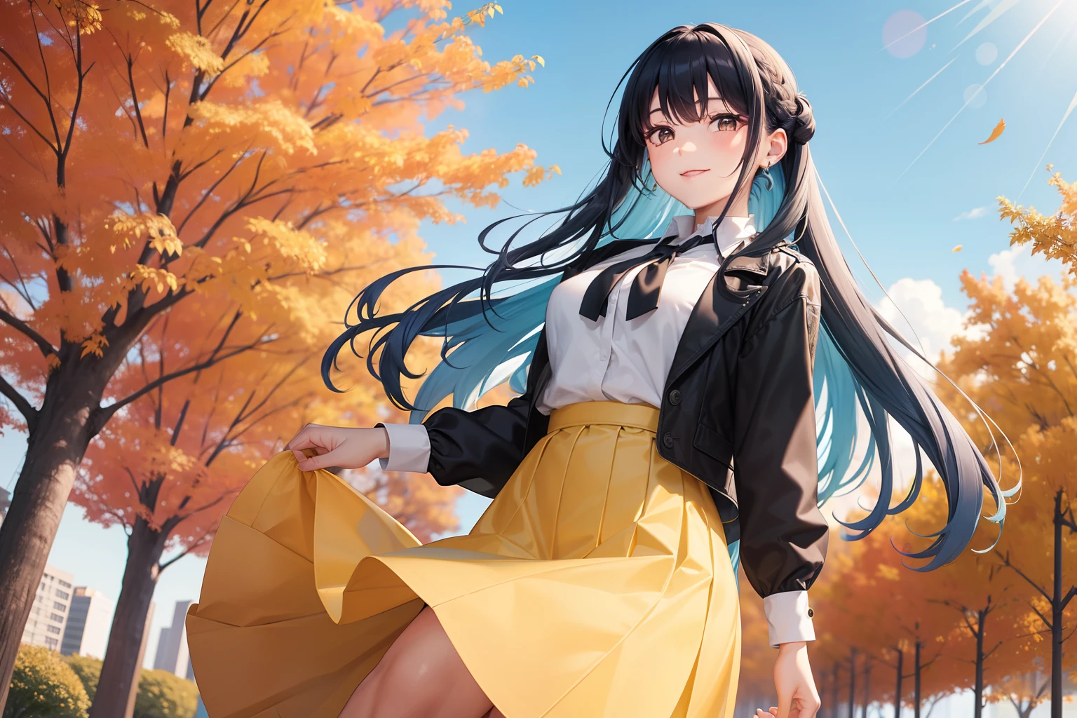 Autumn scenery Pretty girl a smile Black eyes blue hairs Long Autumn sunny Yellow skirt White blouses