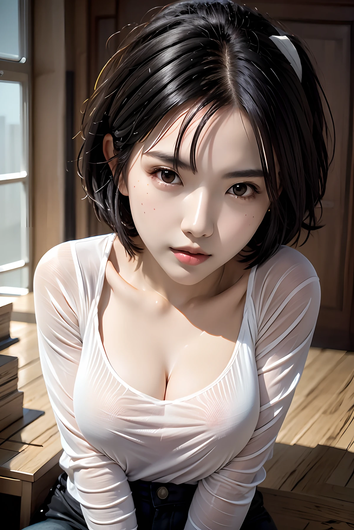 Igirl, rukachan, short hair, black hair, big boobs, realistic, ultra dtail, 70mm lens