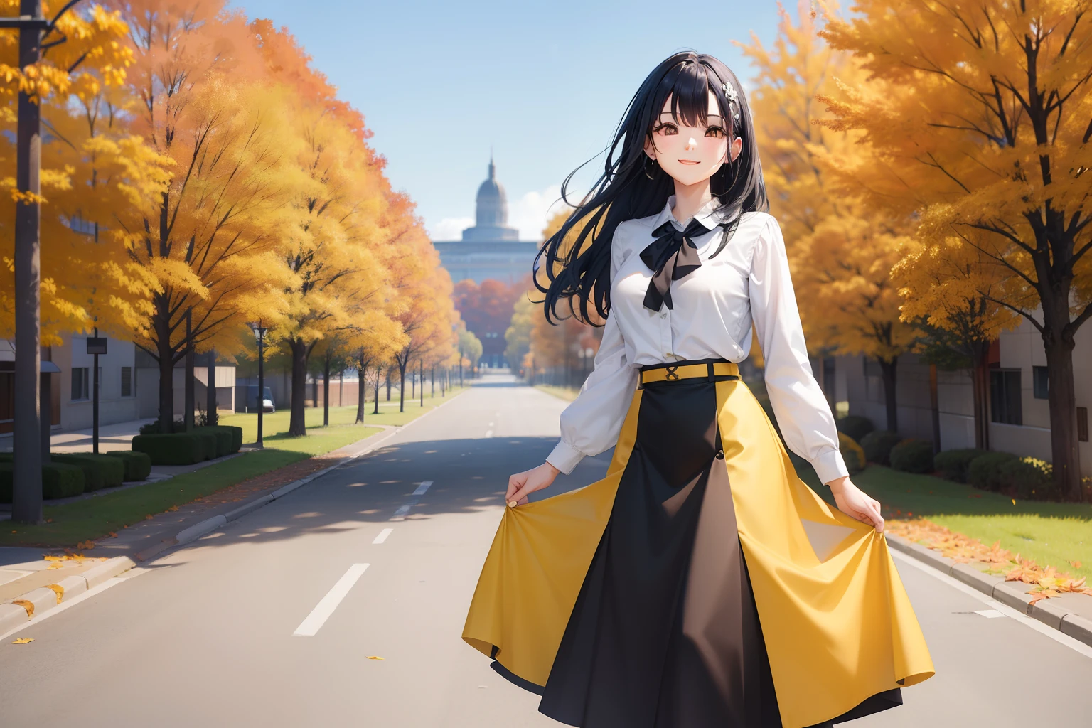 Autumn scenery Pretty girl a smile Black eyes blue hairs Long Autumn sunny Yellow skirt White blouses