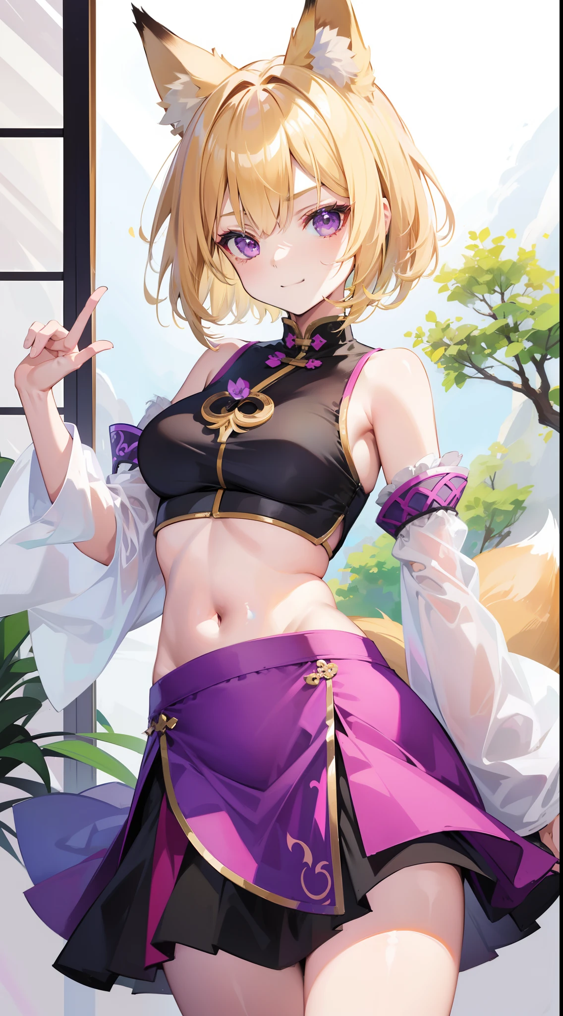 young girl, short blonde hair, Fox ears, violet eyes, long chinese skirt, green chinese tight top, open belly, smirk, Masterpiece, hiquality