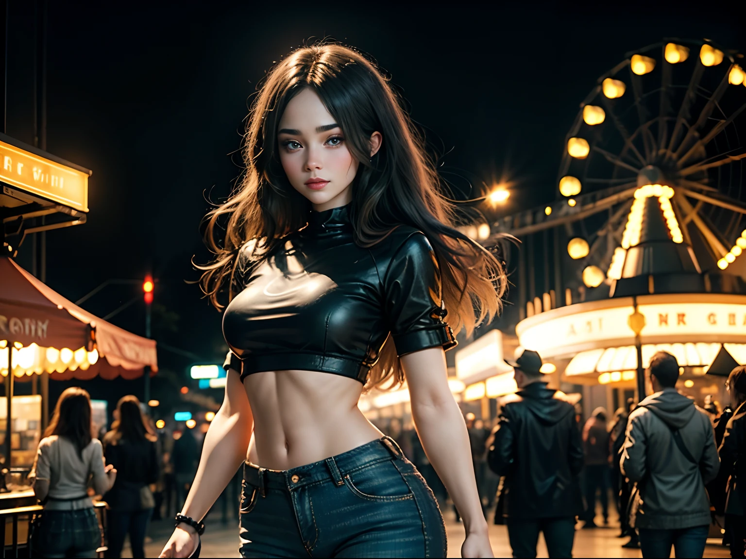 In this lifelike scene, a stunning woman stands outdoors at night, dressed in a cute crop top and jeans. She has beautiful long hair, captivating eyes, and finely detailed facial features. She strikes a graceful pose with an amusement park glowing in the background, its lights creating a blurred, dreamy effect. In her hand, she holds a sweet piece of candy, the vibrant colors of which contrast with the darkness around her. This realistic portrayal captures every aspect of her beauty and the enchanting atmosphere of the amusement park at night, complete with her charming outfit and delightful treat. Photo taken by Ellen von Unwerth with a Canon EOS 5D Mark IV and a wide-angle lens. Award Winning Photography style, with a blend of Studio lighting and Colored gels, 8K, Ultra-HD, Super-Resolution. --v 5 --q 2