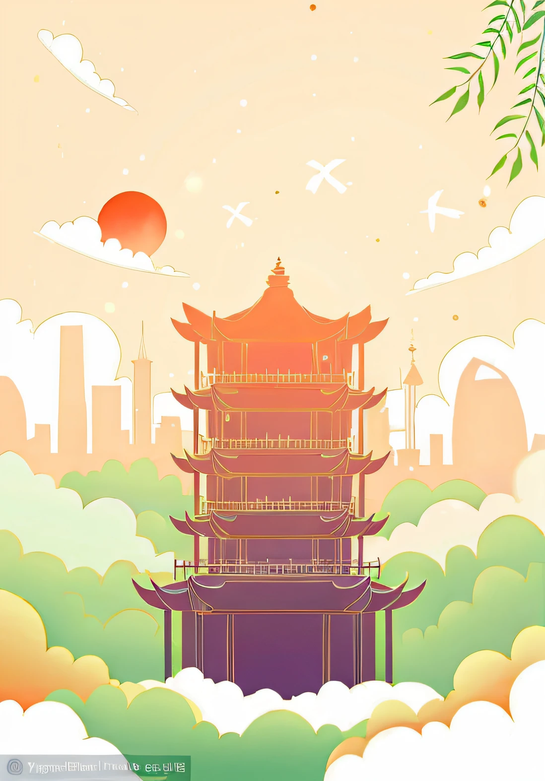 There is a tall tower，Sky in the background，one tree, Temple background, digital painting of a pagoda, background depicting a temple, Zen temple background, Chinese style buildings, Chinese watercolor style, beijing, A beautiful artwork illustration, Ancient Chinese architecture, background artwork, Chinese architecture, dreamy Chinese towns, ancient city landscape, arte de fundo, Chinese painting style, ancien chinese tower