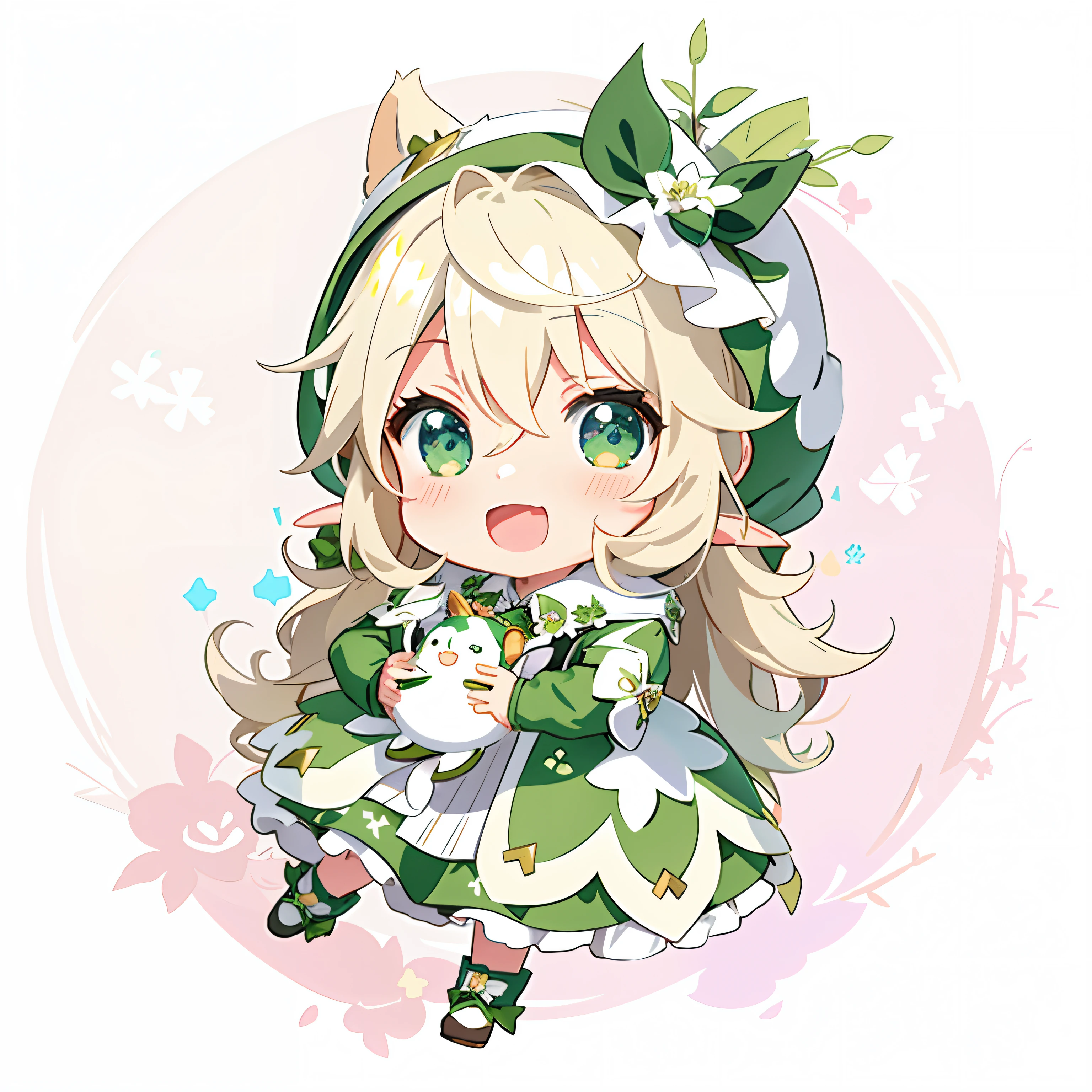 Anime characters in green and white costumes and green hats, character art of maple story, art style of rune factory 5, elf girl wearing an flower suit, rune factory 5, cute character, maplestory mouse, a druid, Splash art anime Loli, Elf Girl, cute forest creature, water color nendoroid, holding a pudica pose, offcial art