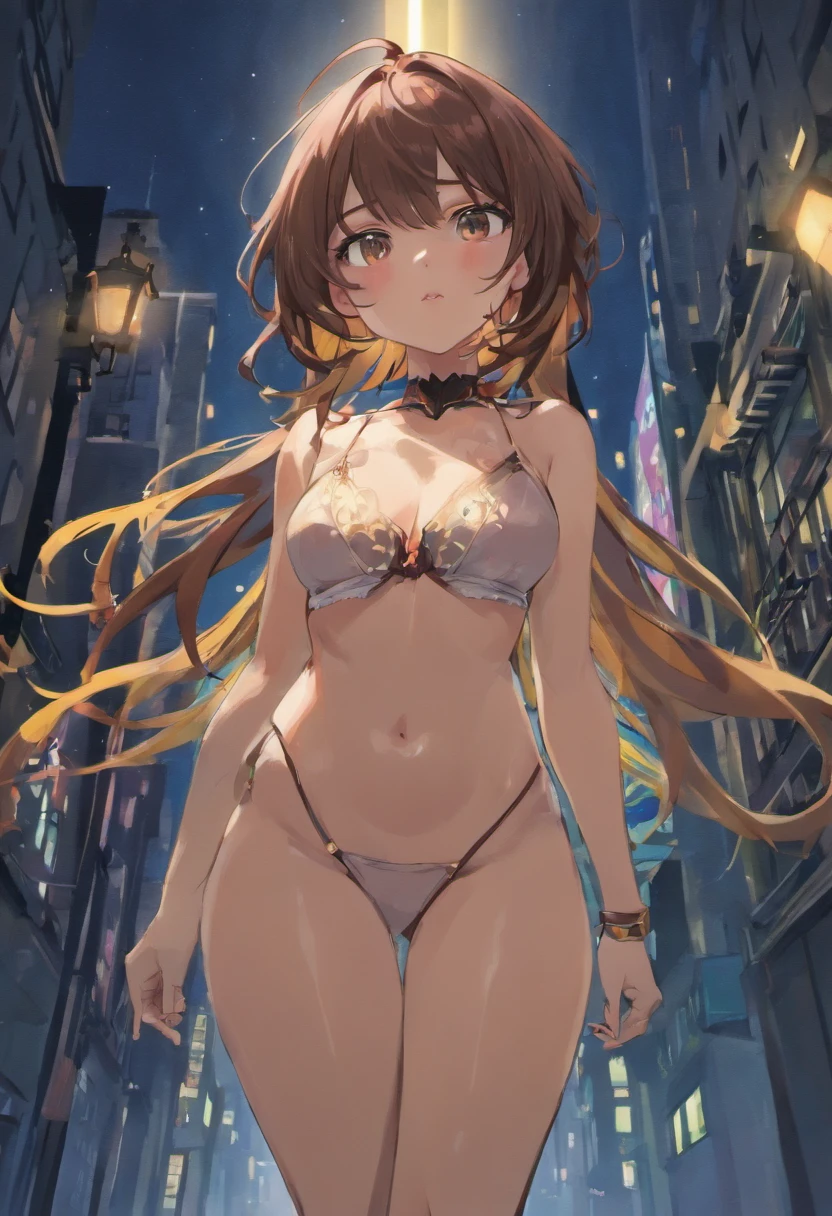 ((mid night, nood, 8K, tmasterpiece:1.3)), full body Esbian, Long legs, Focalors:1.2, Perfect figure beautiful woman:1.4, Slim abs:1.1, ((dark brown hair, Colossal tits:1.2 )), (White tight sex erotic underwear, Erotic panties, standing on your feet:1.2), ((city night scene, teto:1.3)), Highly detailed facial and skin texture, A detailed eye, 二重まぶた