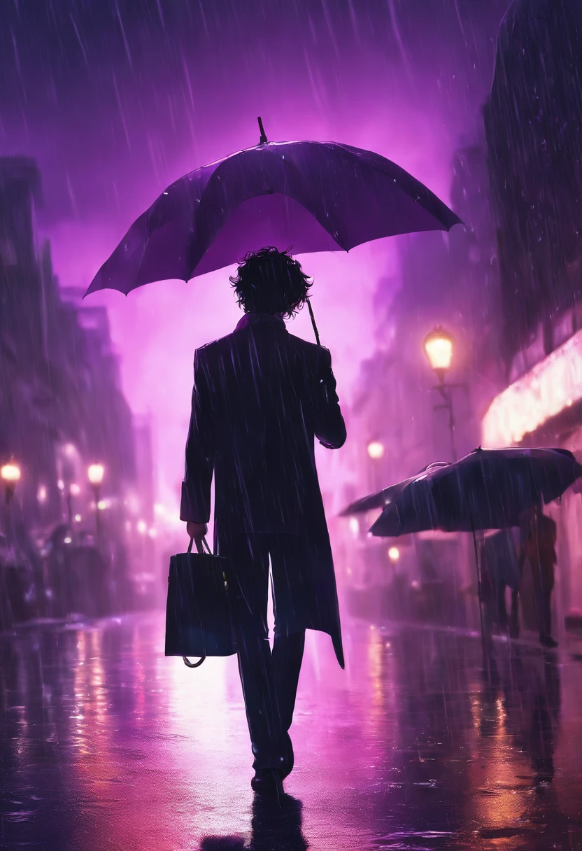 Anime male umbrella in rain on purple background, Anime art wallpaper 8k, anime art wallpaper 4k, anime art wallpaper 4k, Guviz, Sateen!, umbrellas, Spike Spiegel, under rain, best anime 4k konachan wallpaper