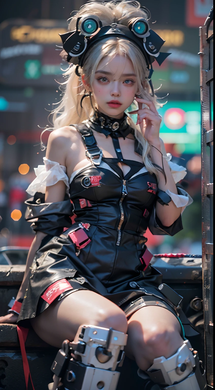 offcial art, Unity 8k wallpaper, Ultra detailed, Beautiful and aesthetic, Beautiful, Masterpiece, Best quality, 8K, Skin texture:1.4, tmasterpiece:1.4,Pose behind beauty，(Cyberpunk style Lolita costume in random colors)，(Focus on your knees)，The face is clear，Clear eyes，
