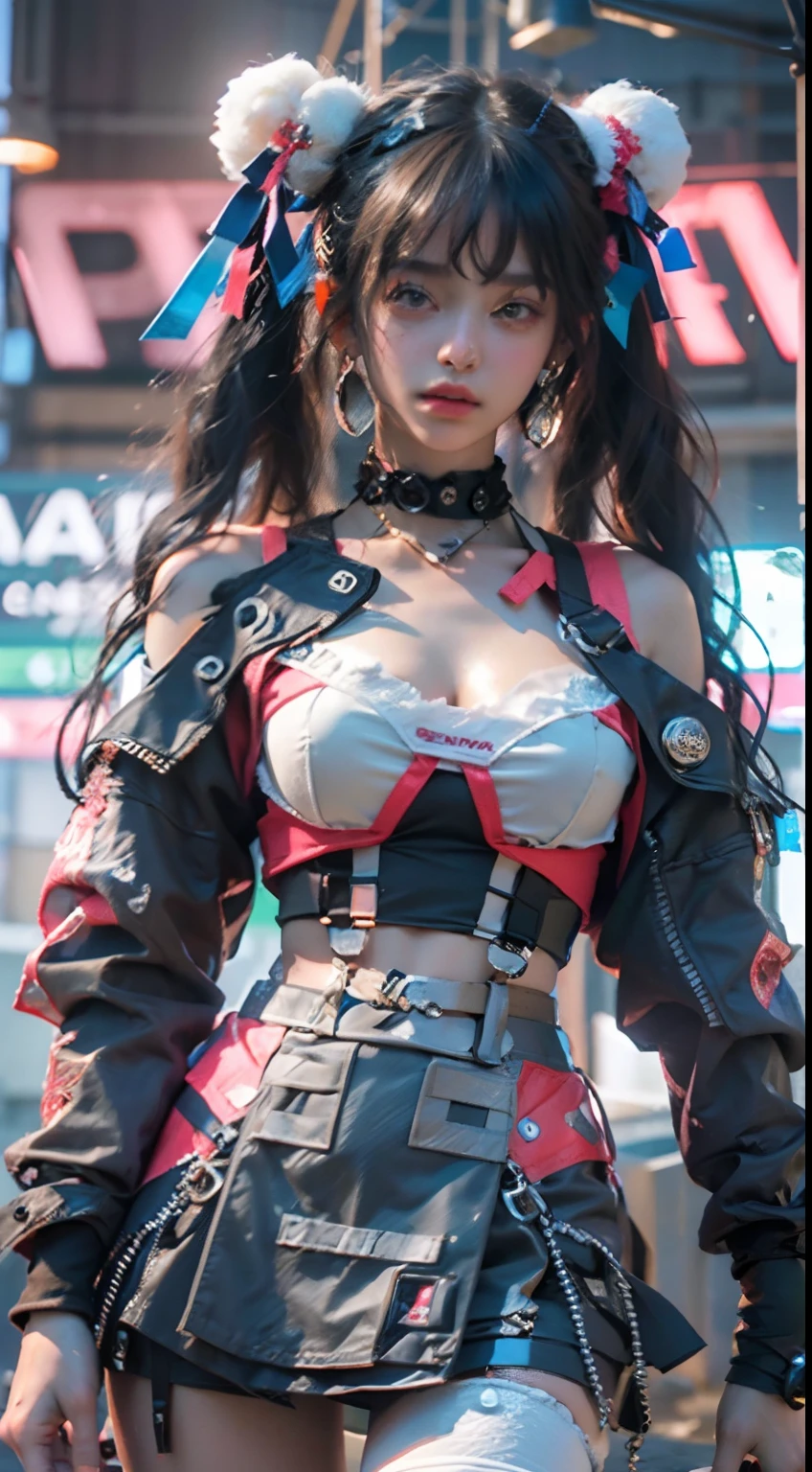 offcial art, Unity 8k wallpaper, Ultra detailed, Beautiful and aesthetic, Beautiful, Masterpiece, Best quality, 8K, Skin texture:1.4, tmasterpiece:1.4,Pose behind beauty,(Cyberpunk style Lolita costume in random colors),(Focus on your knees),The face is clear,Clear eyes,
