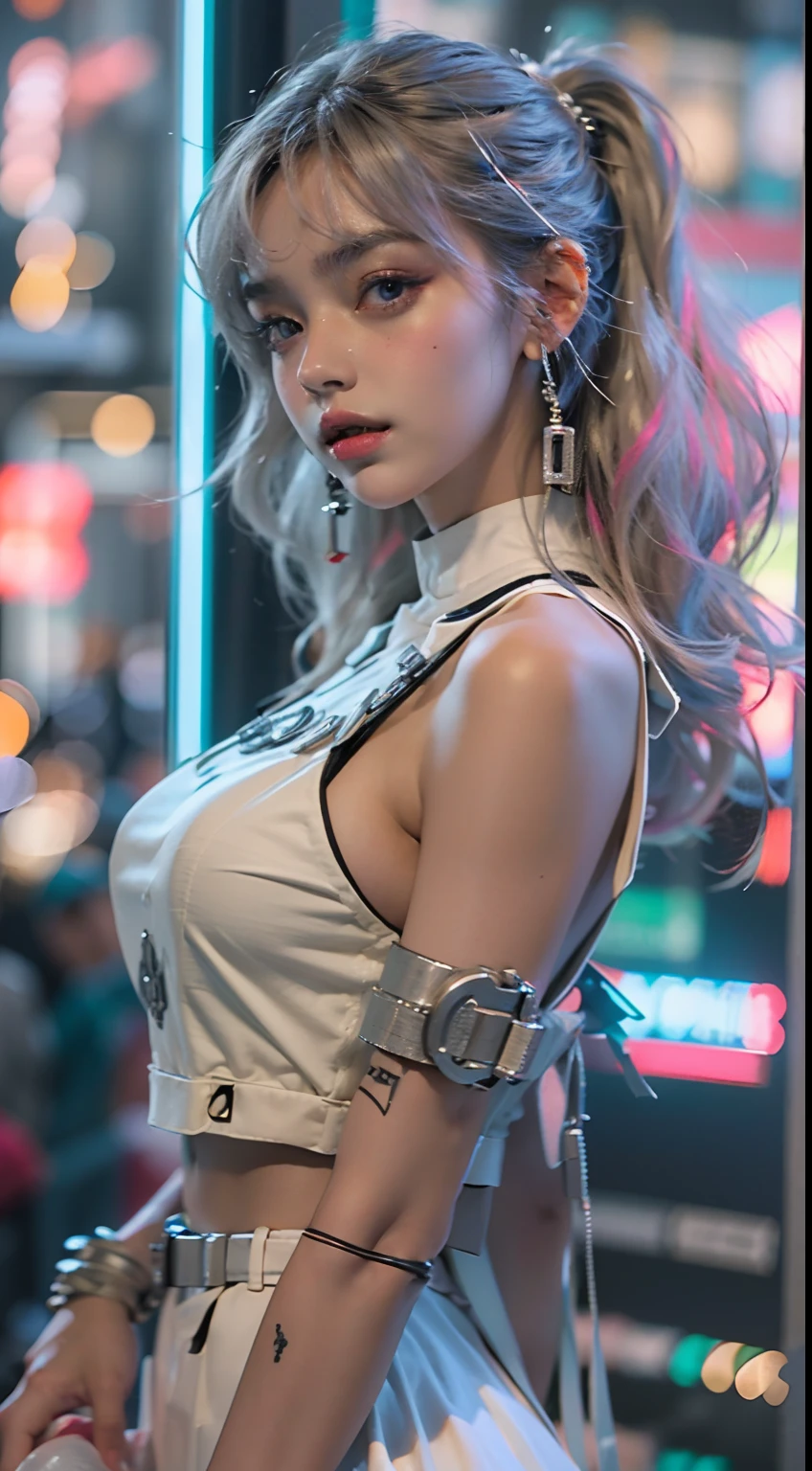 beautiful cyberpunk girl wearing a Футуристический head mounted display,  (мелко детализированная кожа), бледная кожа, (in a deep neckline highly detailed sexy Футуристический cyberpunk black crop top and underpants made of circuit boards, Кибернетика, японские слова с эффектом вспышки, красивая эпическая композиция, Футуристический, шедевр, чувственный, привлекательный, позирую для фото