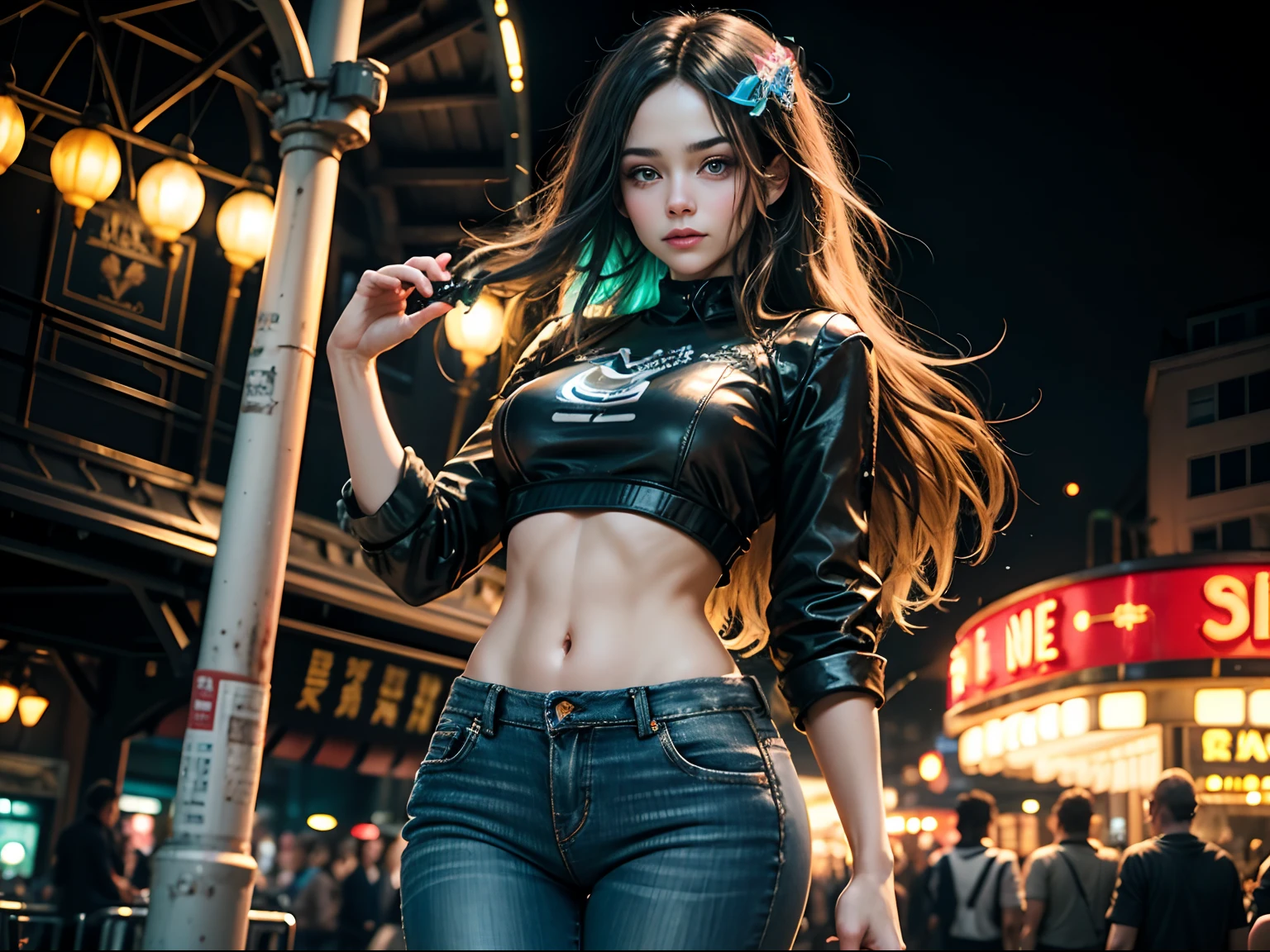 In this lifelike scene, a stunning woman stands outdoors at night, dressed in a cute crop top and jeans. She has beautiful long hair, captivating eyes, and finely detailed facial features. She strikes a graceful pose with an amusement park glowing in the background, its lights creating a blurred, dreamy effect. In her hand, she holds a sweet piece of candy, the vibrant colors of which contrast with the darkness around her. This realistic portrayal captures every aspect of her beauty and the enchanting atmosphere of the amusement park at night, complete with her charming outfit and delightful treat. Photo taken by Ellen von Unwerth with a Canon EOS 5D Mark IV and a wide-angle lens. Award Winning Photography style, with a blend of Studio lighting and Colored gels, 8K, Ultra-HD, Super-Resolution. --v 5 --q 2