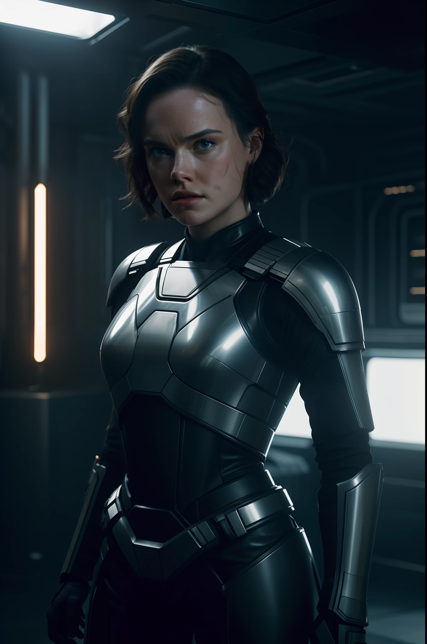 Hot Sci fi action of Daisy Ridley photography, natural light, photorealism, cinematic rendering, ray tracing, the highest quality, the highest detail, Cinematic, Third-Person View, Blur Effect, Long Exposure, 8K, Ultra-HD, Natural Lighting, Moody Lighting, Cinematic Lighting