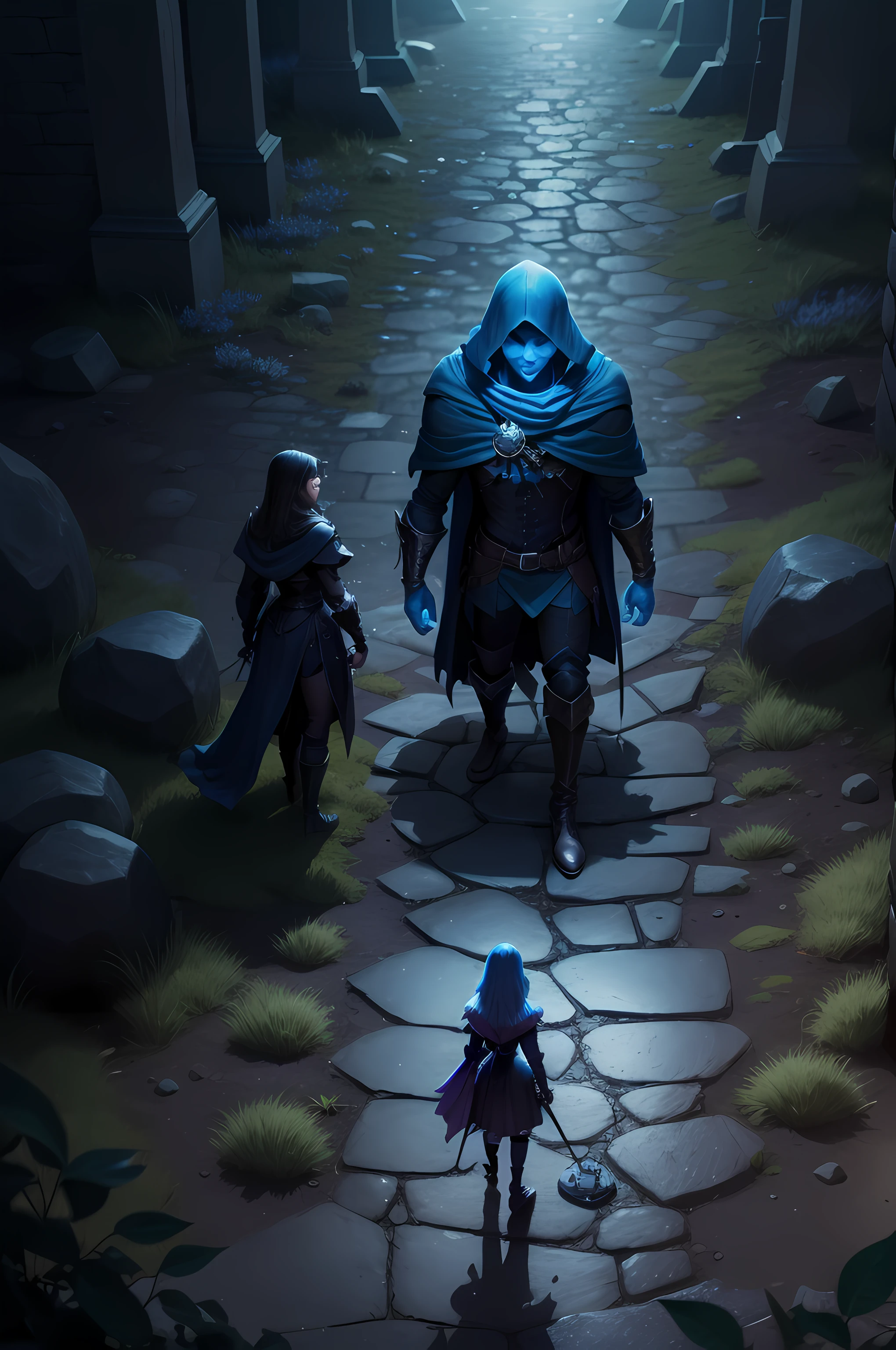2d RPG game location design, (3 playable characters), make their way through a dark dungeon, The magician illuminates the path ahead with a bluish light, Monsters lurk in dark corners, High angle shot, bright colours, Texture smoothing, Lighting in the center, 3D-рендер, beste-Qualit, 8k