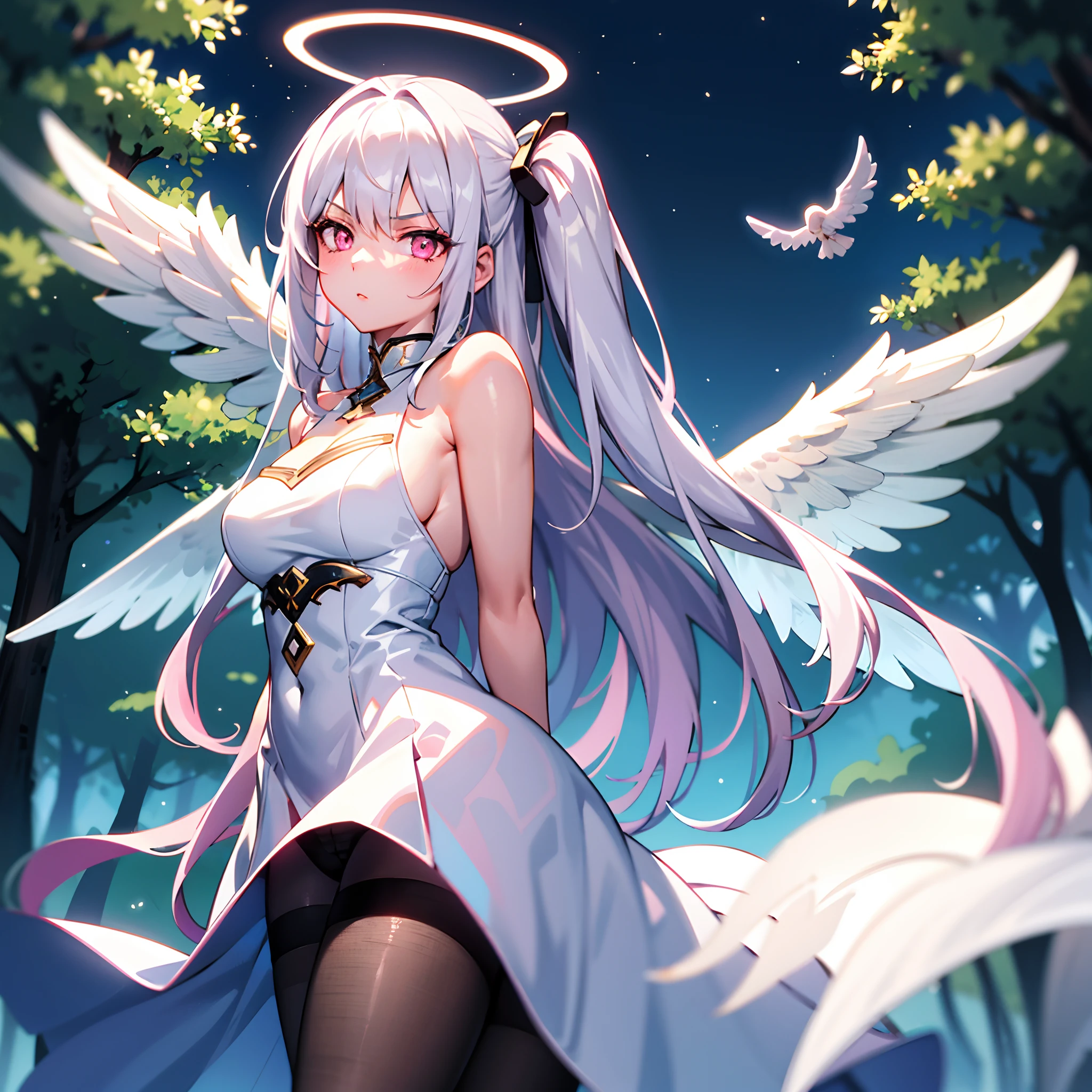 Masterpiece, Best quality, 1girll, White hair, angel, Innocent, Pink eyes, Angel wings, full bodyesbian, arms back behind, sky, Halo, forest, Serious look,white colors,Beth,stocklings,Hosiery,lacepantyhose