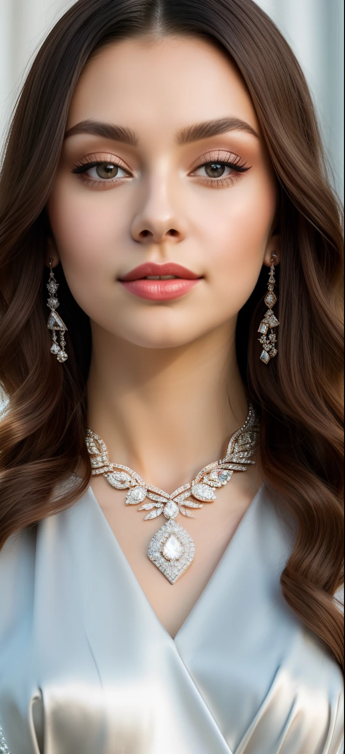 a close up of a woman wearing a dress and a necklace, diamonds around her neck, inspired by Károly Lotz, style of julia razumova, luxurious neckless, by Jeanna bauck, face like ester exposito, dasha taran, olga buzova, irina nordsol kuzmina, by Natasha Tan