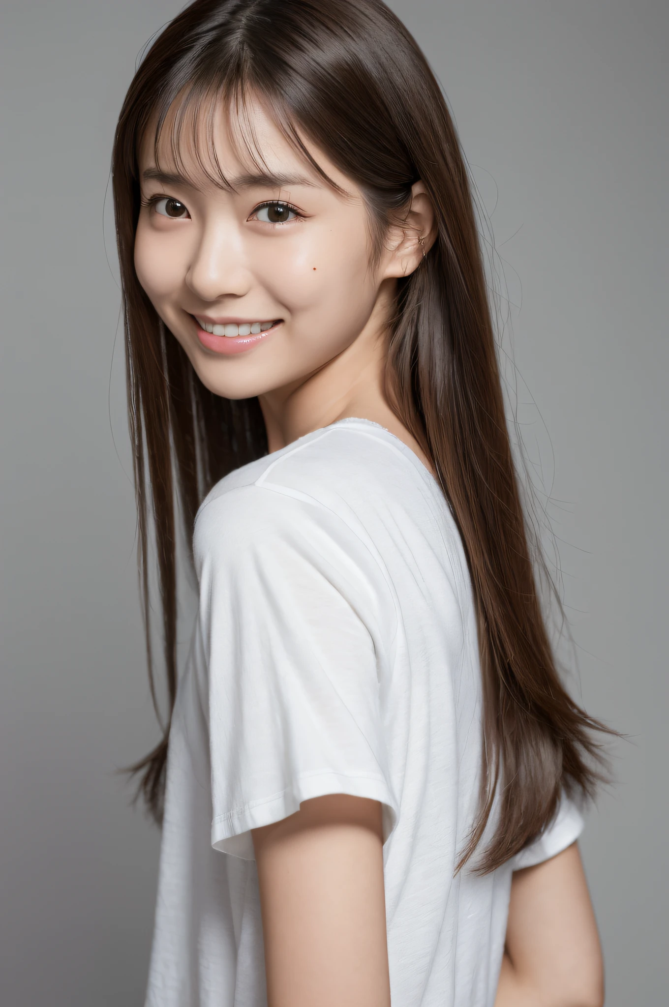 (Masterpiece:1.3), (8K, Photorealistic, Raw photography, Best Quality:1.4), (1girl), Beautiful face, Realistic face, (Detailed face), Beautiful hairstyle, (Detailed hair), Realistic eyes, (Detailed eyes), Beautiful details, Realistic skin, (Detailed skin), Beautiful skin, Attractive, Ultra high definition, A hyper-realistic, Very detailed, Japanese beauty, (slim figure), gentle, brown hair, (super model figure), cute young Japanese girl, pretty young Japanese girl, (simple gray background), smile, wide shot, white simple t-shirt