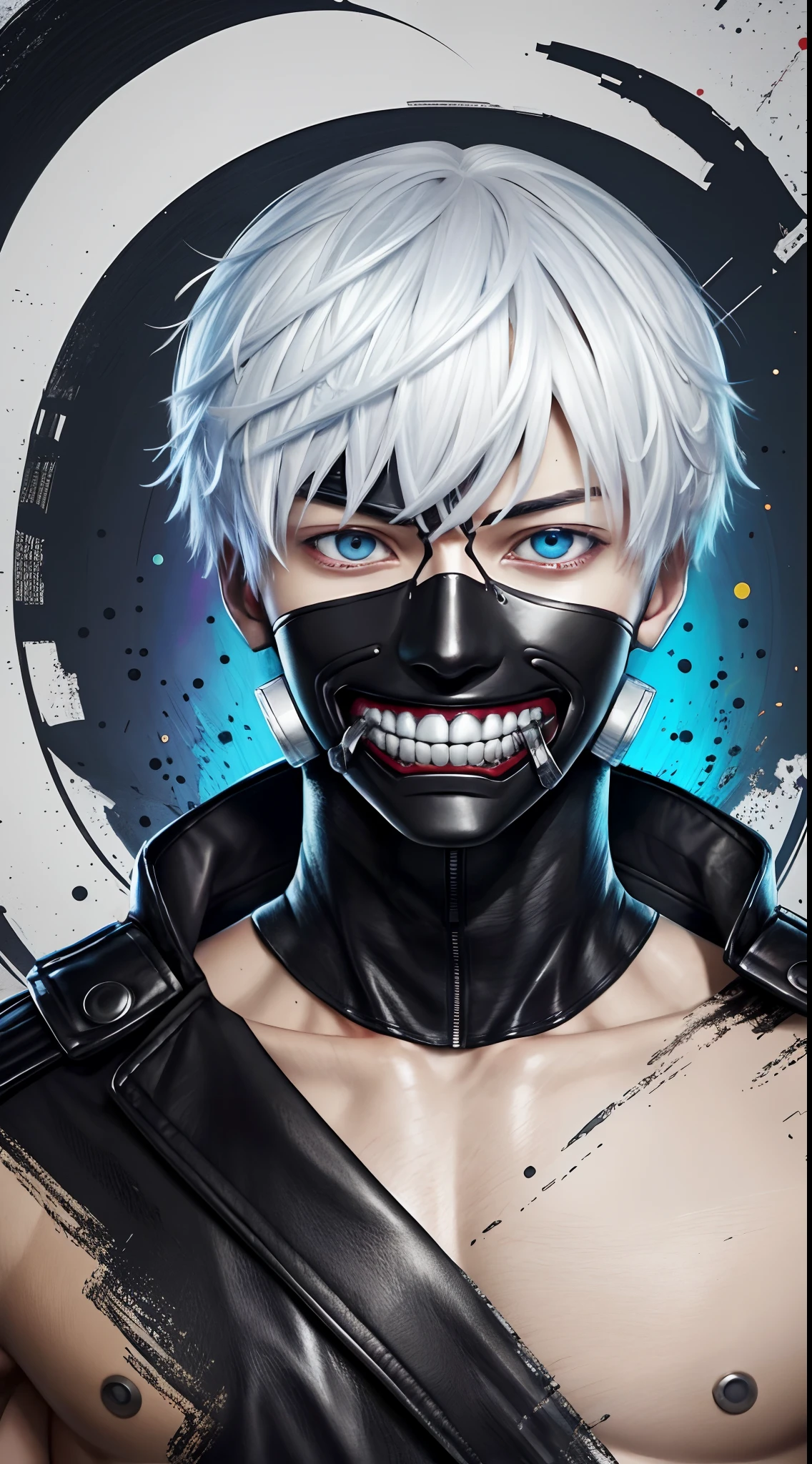 "cool 20 year old kaneki ken is a true masterpiece with masculine beauty, perfect anatomy. Olpntng style, colorful rainbow, wearing a black leather jacket, mask revealing a very menacing smile , clean design, epic Instagram, artstation, full of paint splashes, circles, outlines When you look at his beautiful Eyes you will clearly see every little detail and perfect line, every detail The details on the skin are beautiful in 8K quality. Be fascinated by the confidence radiating from every look. His head has white hair and his face is drawn meticulously in every detail in 8K image quality."