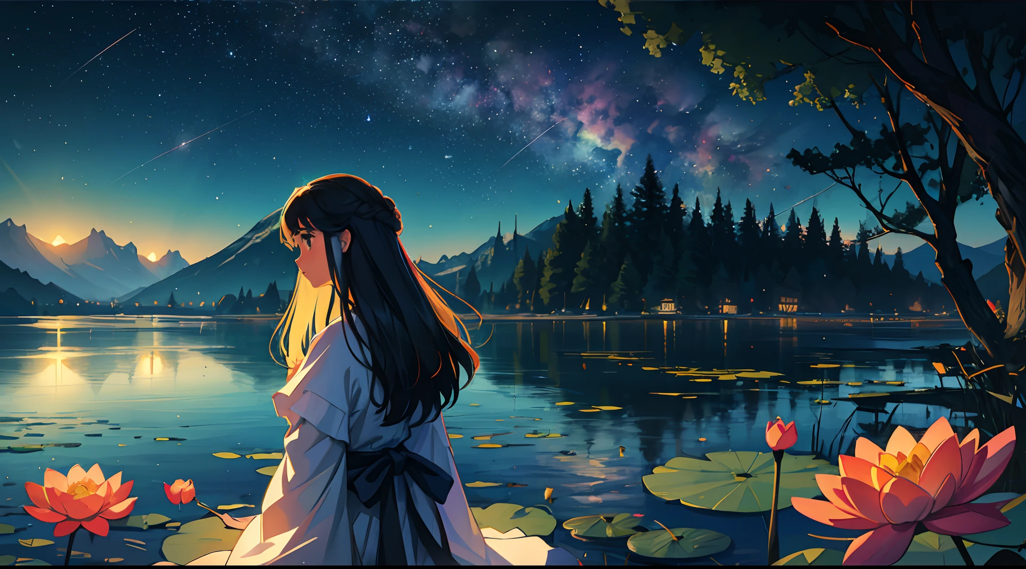 tmasterpiece, capricious, Fantastic scenery of anime, dream, Wide field of view, florals, faeries, Light particles, Lightweight connectors, Brilliant star, A comet passing by in the distance, fanciful, astral, peace, crystals, mont, lake, nature, Garden with a view, Flowing, (Lua), water lilies, Ghibli-like colors, Ghibli-like colors, Ghibli-like colors, Cinematic lighting, depth of fields, character sheets, Working presses, Working presses, anatomically correcte, textured, super detailing, high high quality, Awarded, highr, best qualityer, 8K