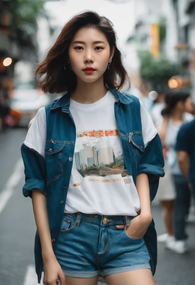 18-year-old Japanese woman,whitet-shirt,Denim super shorts,White sneakers,On the lively streets,