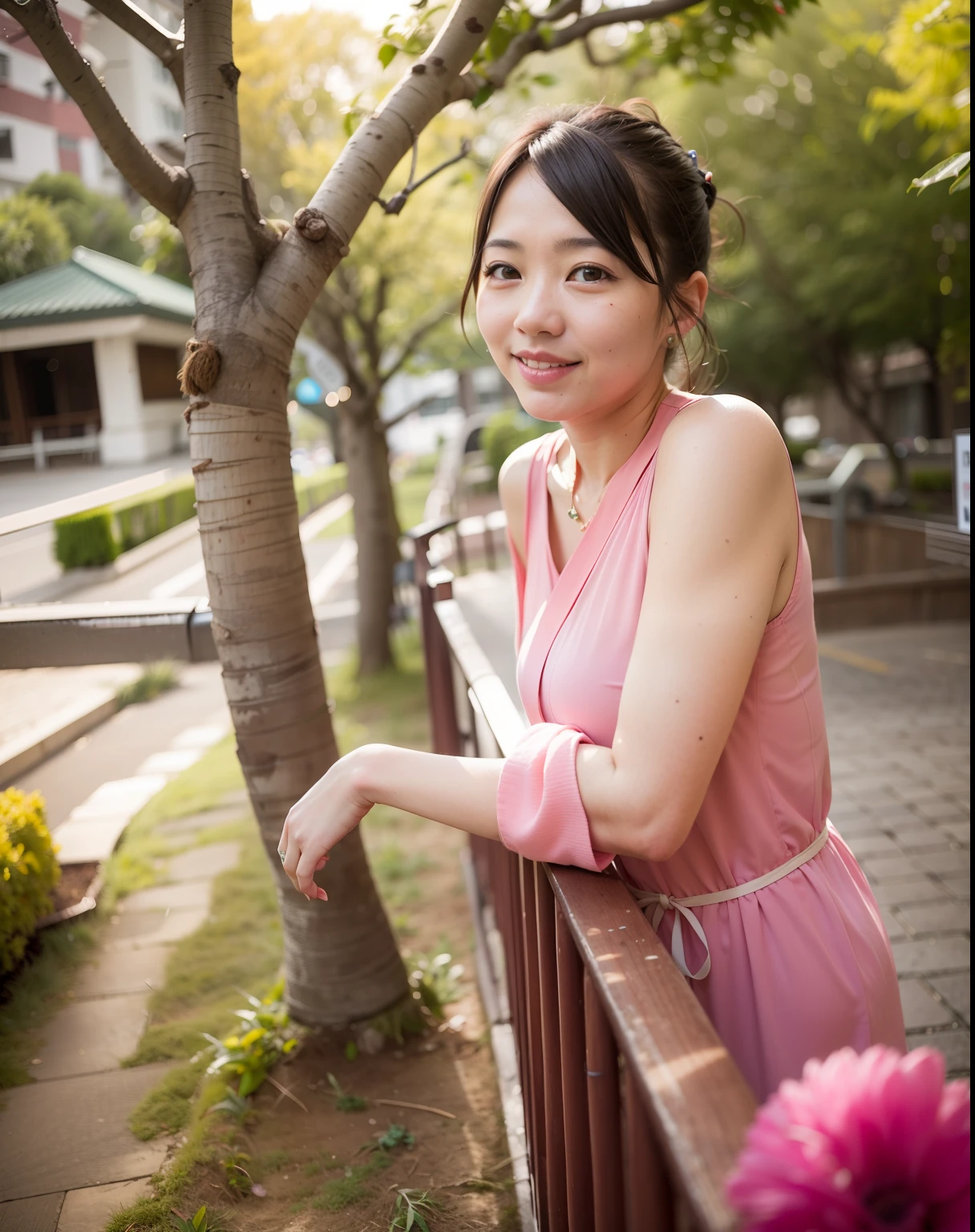 Arakfi woman leaning against railing in colorful dress, sakimichan hdri, taken with canon eos 5 d, photo taken with canon 5d, taken with a canon eos 5d, taken with a canon eos 5 d, wearing a colorful yukata, chiho, Photo taken with Sony A7R