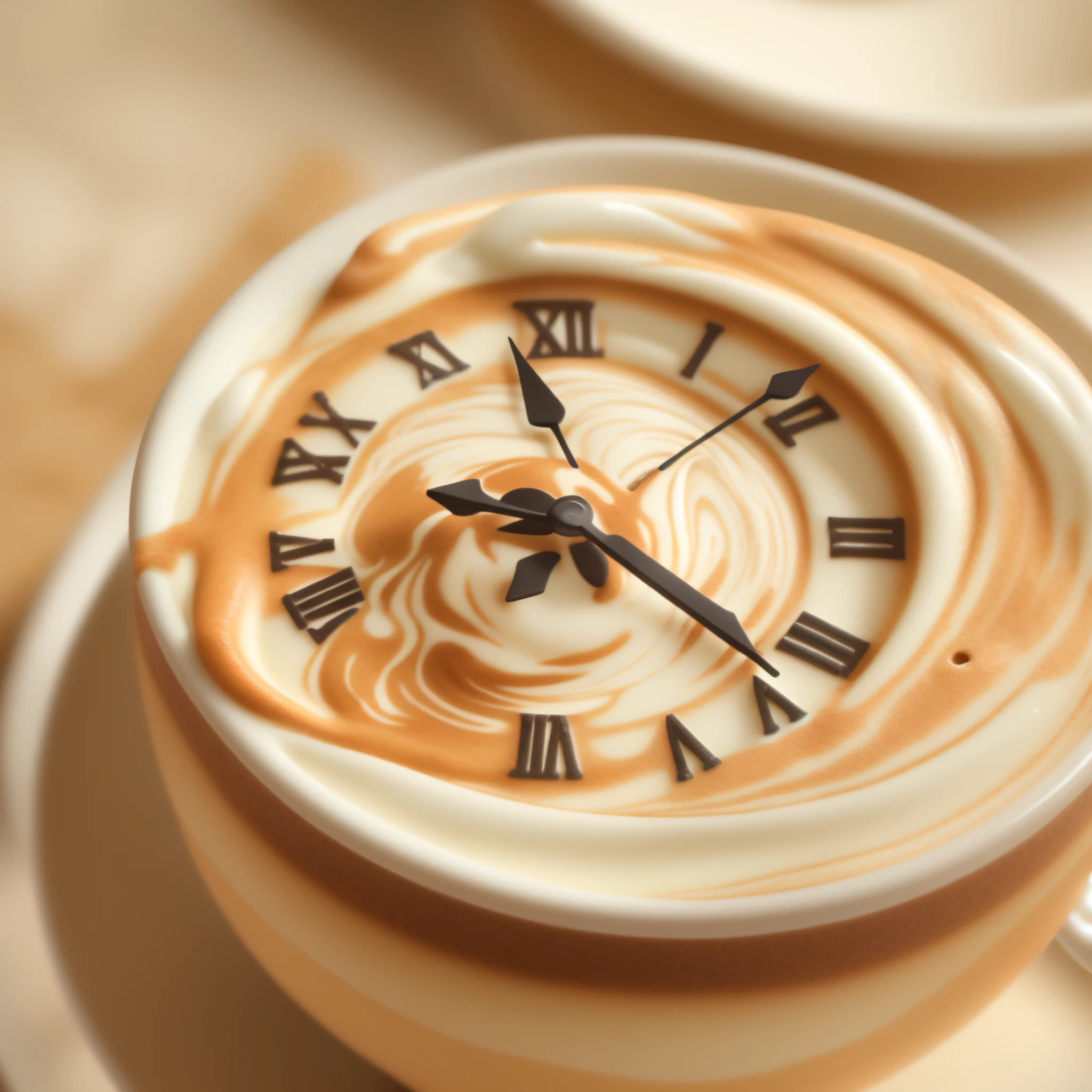 Cafe Latte、Latte art、(a three dimensional analog clock with latte cream) Masterpiece, realistic, depth of field