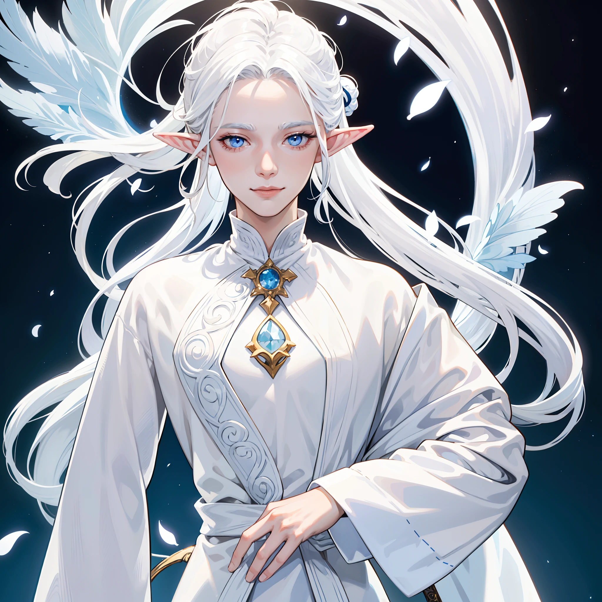 1 man，Wearing a European-style white robe，long layered silvery white hair，blue colored eyes，gently smiling，Feminine feeling，The identity is the Elf King，Elf pointed ears，simplebackground，CG style，long eyelasher，Face portrait，The upper body portrait is focused on the face，facial closeups，No hands and feet are exposed