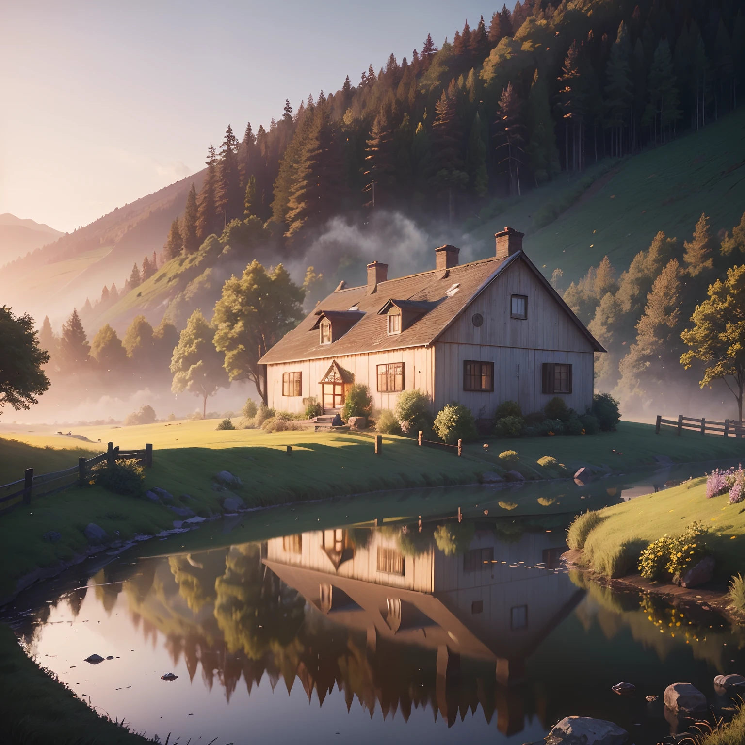 enchanting, hyper realistic and hyper detailed  panting of enchanting breathtaking  idyllic countryside scene at dawn, with an unique cottage nestled among rolling hills, (serene atmosphere), [rustic charm], oil painting style, [pastoral beauty], [soft morning light], [tranquil ambiance], (farm animals:1.2), [gentle mist], [warm glow], [soft focus], (detailed landscape:1.15), (painterly textures), [inviting composition], [central cottage],  extremely deep cinematic rendering,32k resolution, UHD, octane render,  real engine 5 render, printable --auto
