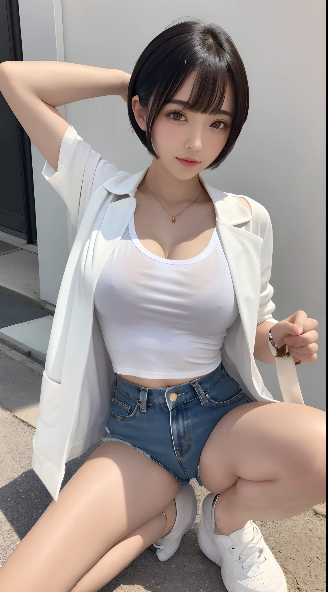 (8K, 超A high resolution, Best Quality, masutepiece:1.2),(18year old:1.2)、(Look away)、8K、RAW portrait of japanese girl、Photorealsitic、超A high resolution、top-quality、 (quite massive chest、cleavage of the breast:1.3)(White T-shirt、Micro Mini Hot Pants、Put on a jacket:1.45)、(in a street:1.2) BREAK (Natural Skin Texture、Detailed skin、Hyper-Realism、ultra sharpness)、Intricate details that reveal the navel、depth of fields、Show the armpits、(Short-haired black hair、White sneakers:1.2)(Open your legs wide to the sides、bend knee:1.2)
