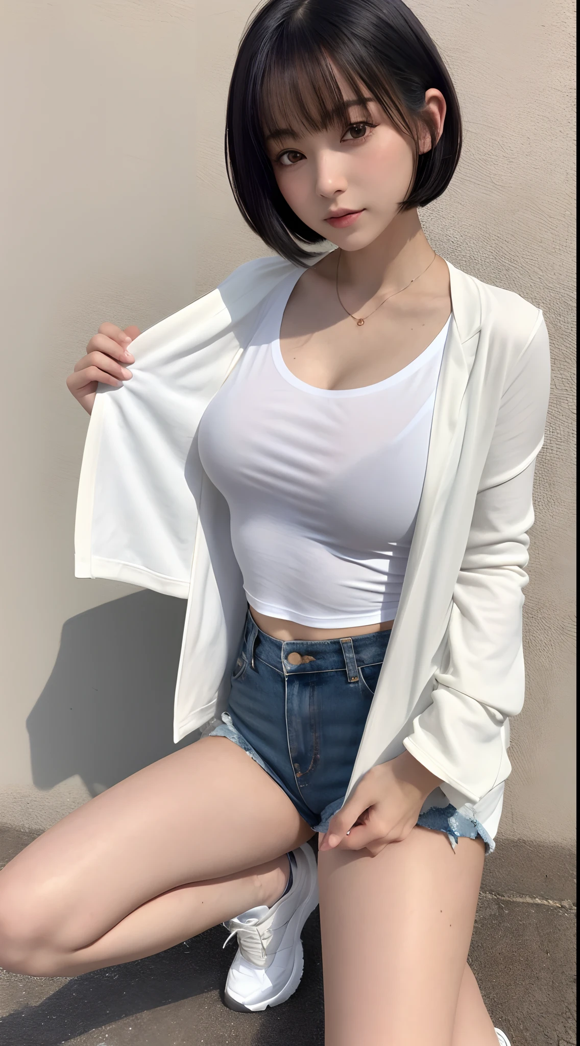 (8K, 超A high resolution, Best Quality, masutepiece:1.2),(18year old:1.2)、(Look away)、8K、RAW portrait of japanese girl、Photorealsitic、超A high resolution、top-quality、 (quite massive chest、cleavage of the breast:1.2)(See-through white T-shirt、See-through shorts、Wearing a black jacket:1.4)、(in a street:1.2) BREAK (Natural Skin Texture、Detailed skin、Hyper-Realism、ultra sharpness)、Putting out the navel、intricate detailes、depth of fields、Show the armpits、(Brown-haired short-haired、White sneakers:1.2)(Open your legs wide to the sides、bend knee:1.2)