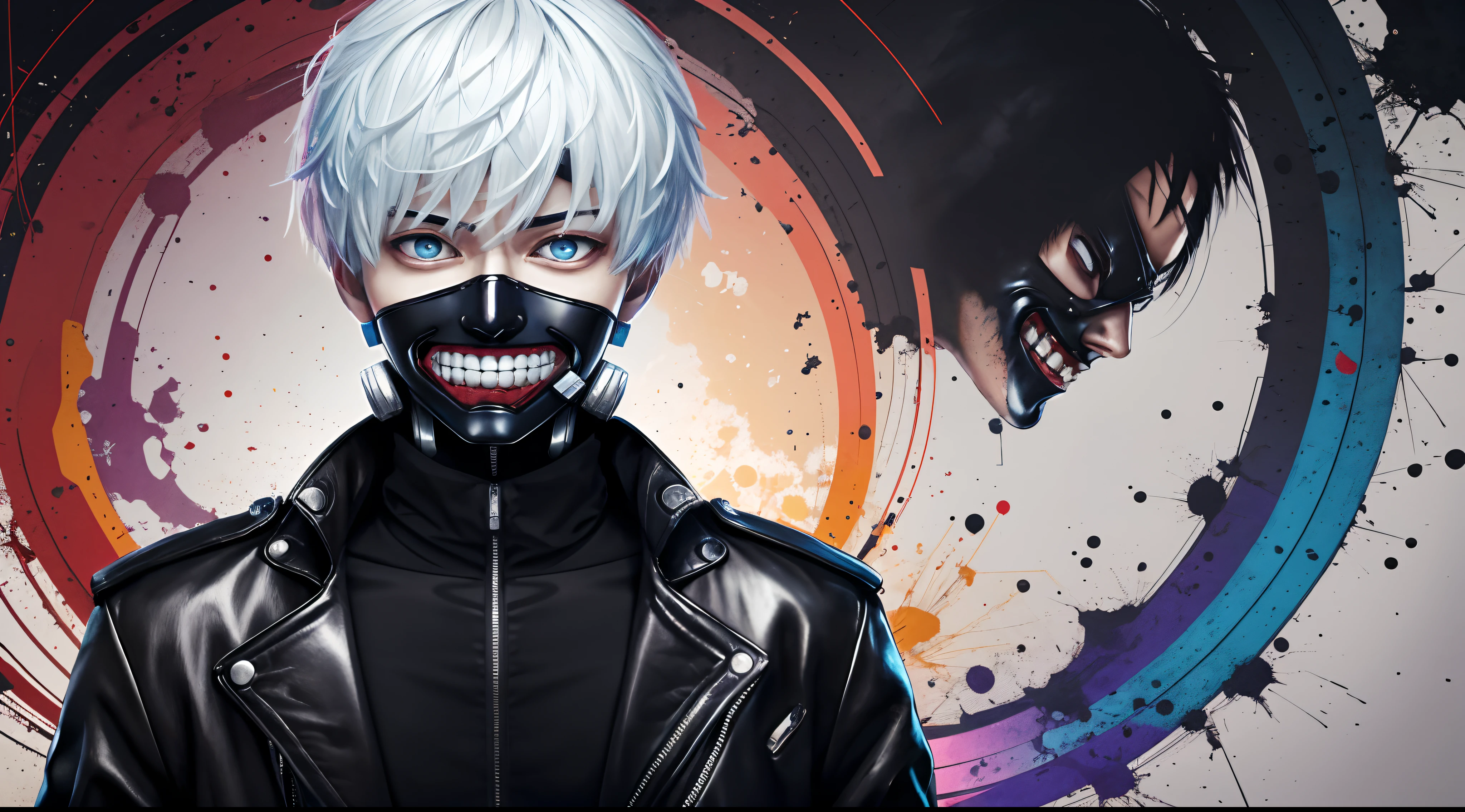 "cool 20 year old kaneki ken is a true masterpiece with masculine beauty, perfect anatomy. Olpntng style, colorful rainbow, wearing a black leather jacket, mask revealing a very menacing smile , clean design, epic Instagram, artstation, full of paint splashes, circles, outlines When you look at his beautiful Eyes you will clearly see every little detail and perfect line, every detail The details on the skin are beautiful in 8K quality. Be fascinated by the confidence radiating from every look. His head has white hair and his face is drawn meticulously in every detail in 8K image quality."