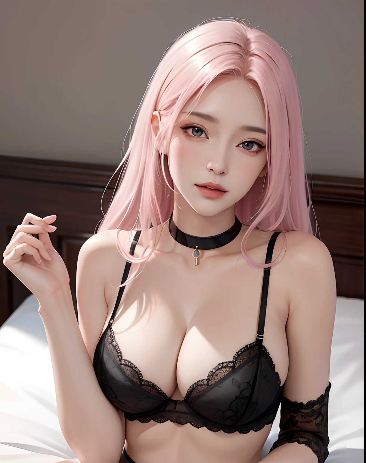 (Masterpiece, Best quality, 1girll, Solo, exquisitedetails, color difference), realisticlying, ((Medium breath)), long whitr hair, A pink-haired, Pink eyes, 耳Nipple Ring, Sharp eyes,choker necklace,,Crop top,(symetrical eyes),(Perfectly symmetrical body),looking at viewert,In the room,onbed,Black erotic underwear,Lace lingerie big breasts,spread their legs,big breasts exposed cleavage,black lence stockings,Naked lower body