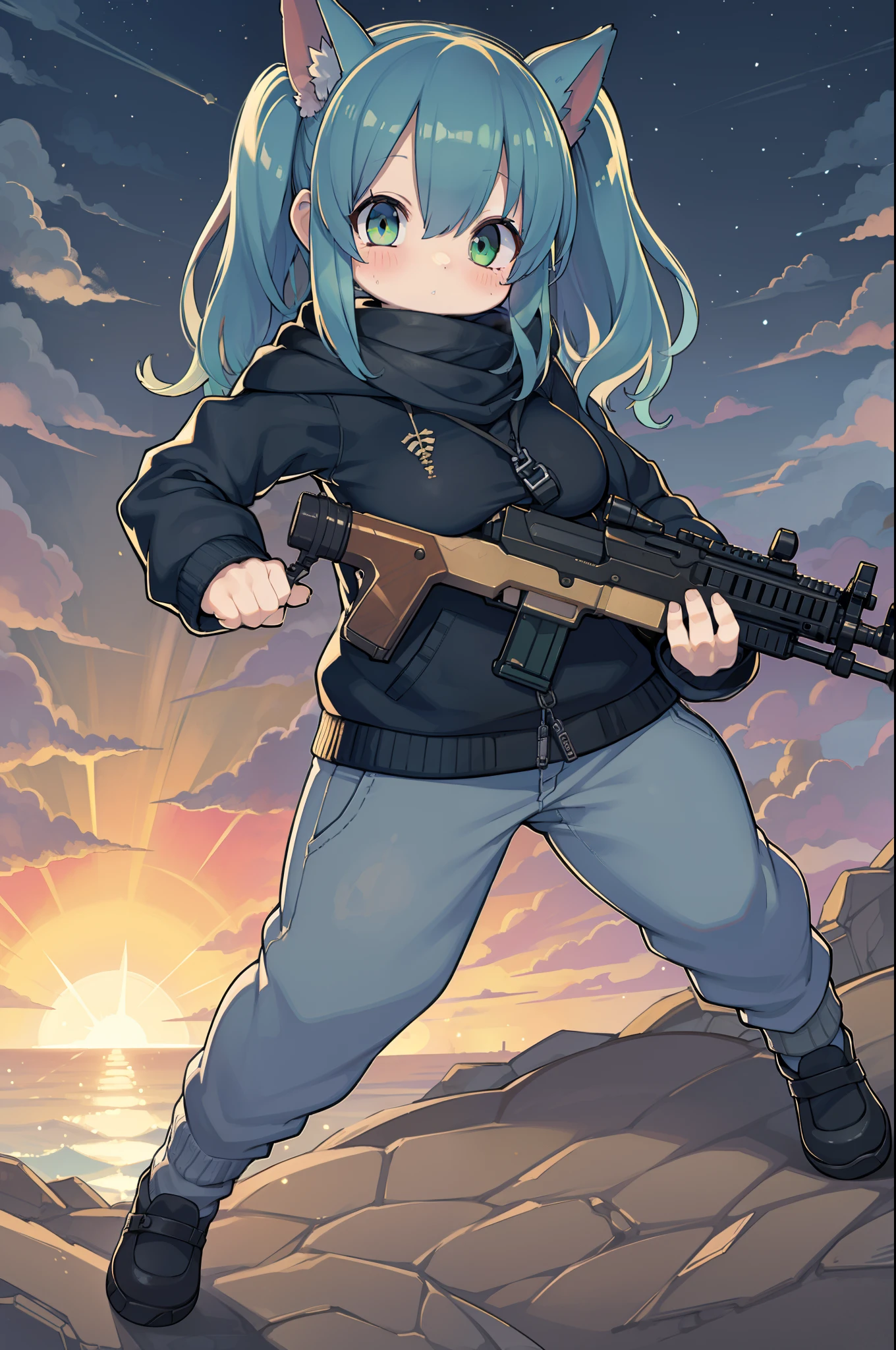 assault rifle、Long sideburns、Anime-style girl with beautiful whole body, Little girl,clean detailed faces, ciber,analogous colors, Glowing shadows, beautiful gradients, depth of fields, CLEAN IMAGE, High quality,Black Parker Clothing、 high detailing, High Definition, blush, Fit, Heavenly Beauty, Very detailed, Soft lighting, Full body,Green&Black hair,Green eyes、