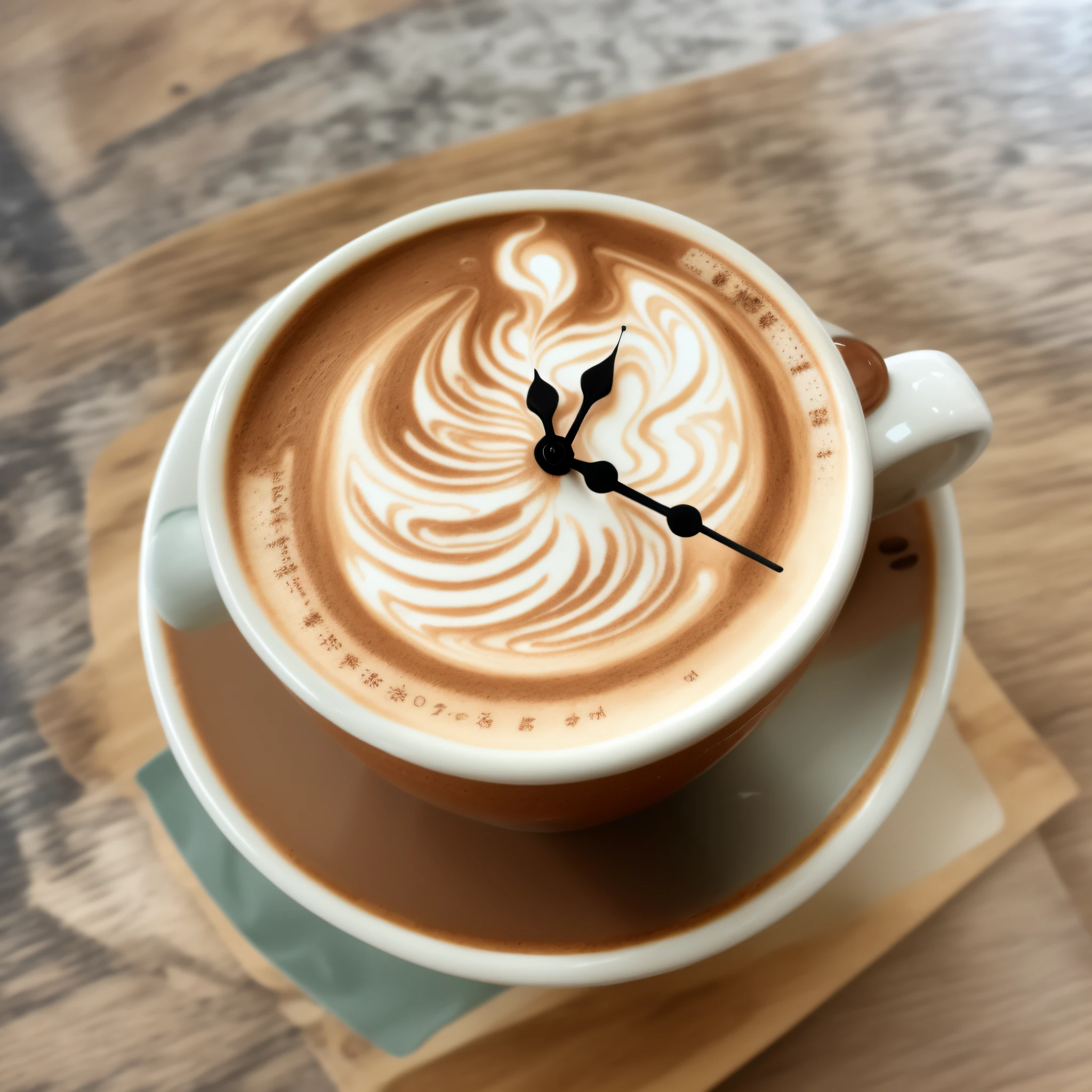 Cafe Latte、Latte art、(analog clock with latte cream) Masterpiece, realistic,