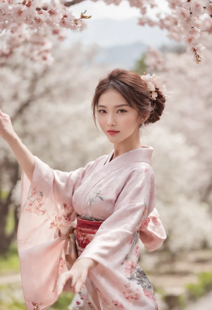 Looking at the camera in front,Add a motion blur effect to simulate motion,hight resolution,Girls Elegant Kimono,Floral kimono on shiny fabric,Ponytail,Brown Shorthair,flying hair,extremely delicate and beautiful face,Cherry Blossom Hair Ornament,Dance a fierce Japan dance at,Under the cherry blossoms with fluttering petals,Spread your arms、Place one hand in front of you,Beautiful hands,Beautiful Finger,Full body shot,