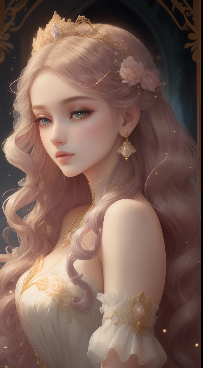 tmasterpiece,Highest high resolution,Soft lighting,Beautiful aristocratic maiden,Delicate coiled hair,curlies,Shining clear eyes,The hair is covered with beautiful and delicate floral craftsmanship, crystal、Diamond jewelry filigree,Ultra-detailed details,upscaled。Pastel, Dreamy, Whimsical, Delicate, Gorgeous golden shell crown, Epic surrealism, The upper part of the body,Meticulous, Magnificent, max details, extremely hyper aesthetic,upscaled