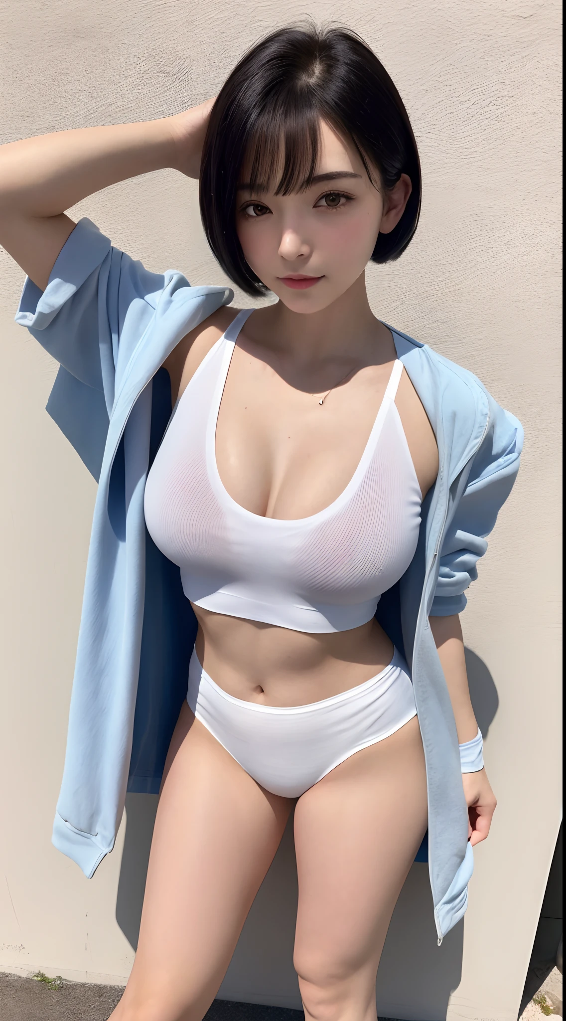 (8K, 超A high resolution, Best Quality, masutepiece:1.2),(18year old:1.2)、(Look away)、8K、RAW portrait of japanese girl、Photorealsitic、超A high resolution、top-quality、 (quite massive chest、cleavage of the breast:1.3)(White T-shirt、Micro Mini Hot Pants、Put on a jacket:1.4)、(in a street:1.2) BREAK (Natural Skin Texture、Detailed skin、Hyper-Realism、ultra sharpness)、Putting out the navel、intricate detailes、depth of fields、Show the armpits、(Short-haired black hair、White sneakers:1.2)(Open your legs wide to the sides、bend knee:1.2)