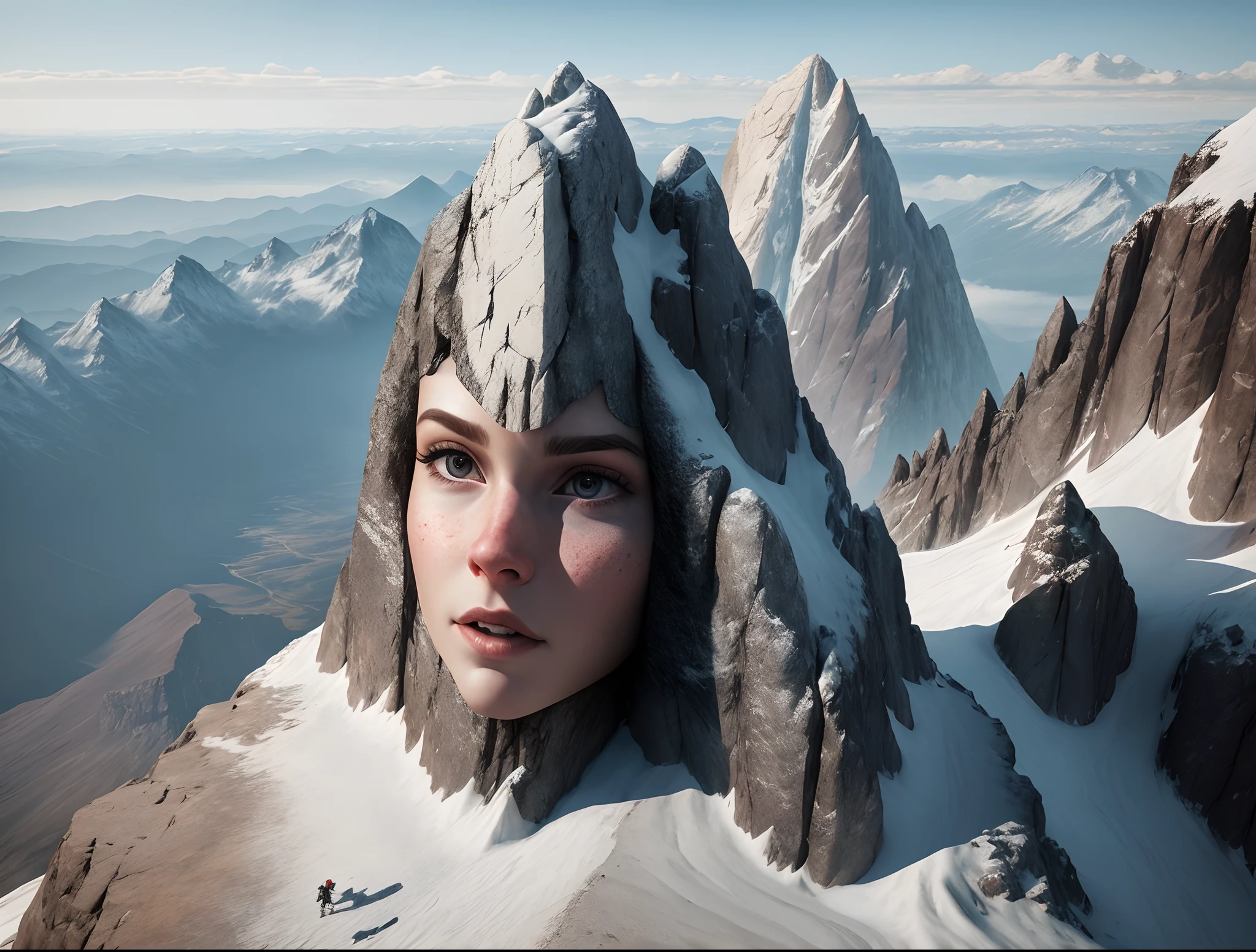 HD, extremely detailed and realistic, Rock face of a mountain, pareidolia of face on mountain, mountain climbers rappelling on side of mountain,closeup view, 8k octane render