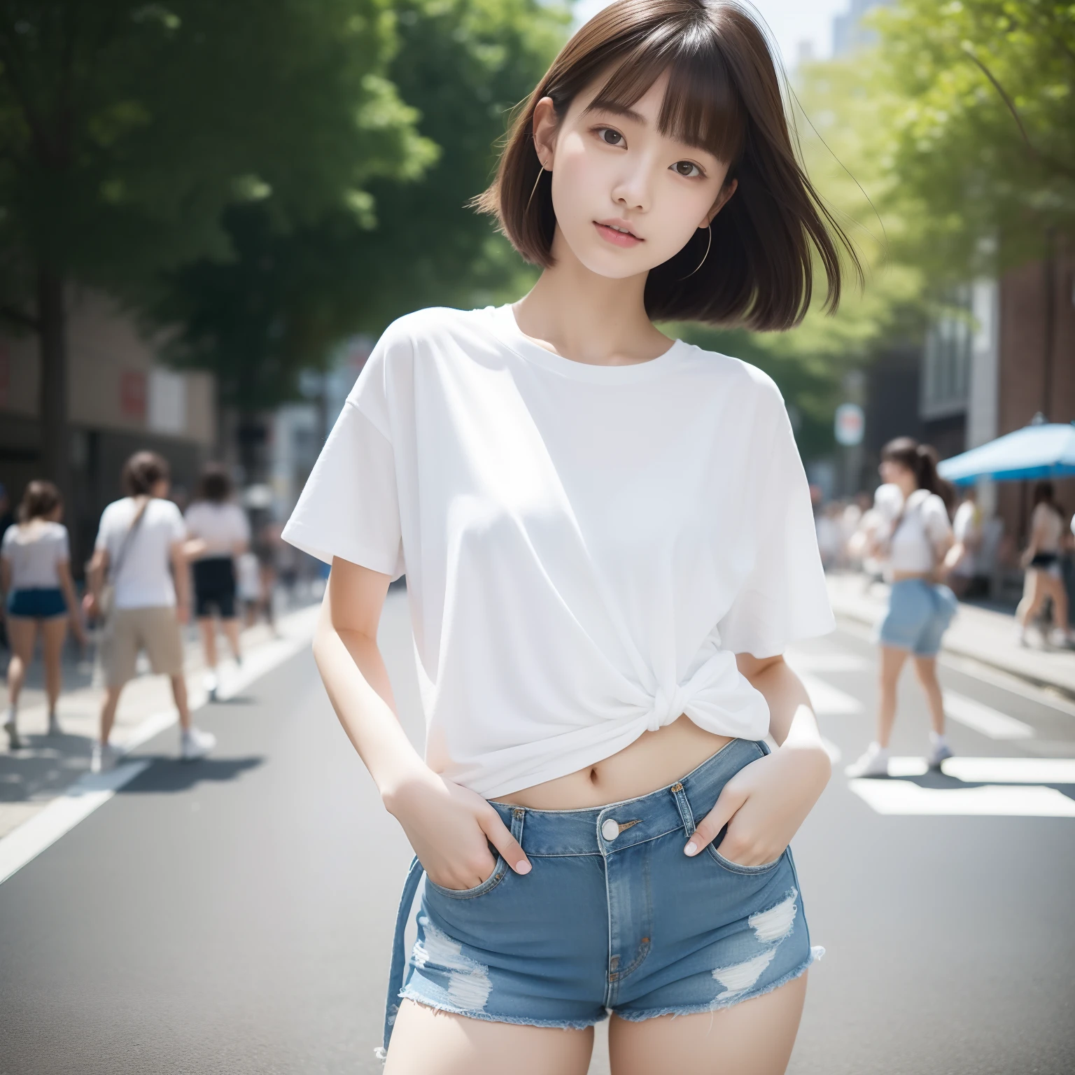 18-year-old Japanese woman,Skinny white T-shirt,The hem is knotted to reveal the waist,Denim super shorts,White sneakers,On the lively streets,(Best quality), (Masterpiece), (A high resolution), Original, Extremely detailed 8k wallpaper, (An extremely delicate)