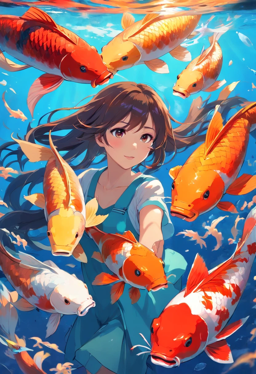 In the deep sea, A long-haired girl holds a koi fish in her arms，There are nine koi in the picture，Ultra-clear，2D，Emphasize red and blue，Golden section