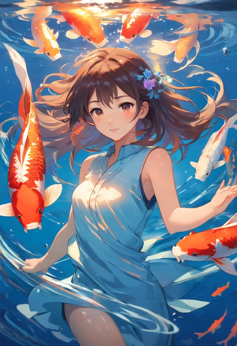 In the deep sea, A long-haired girl holds a koi fish in her arms,There are nine koi in the picture,Ultra-clear,2D,Emphasize red and blue,Golden section